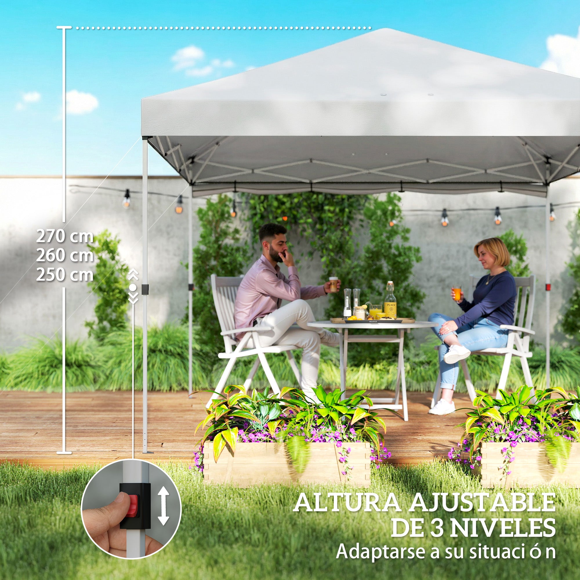Outsunny Carpa Plegable 3x3 m, Pop-up, con Pared Lateral, Cenador de Jardín con Protección UPF50+, Empuje Central, Altura Ajustable, Bolsa de Transporte, Gazebo para Camping, Exterior, Blanco