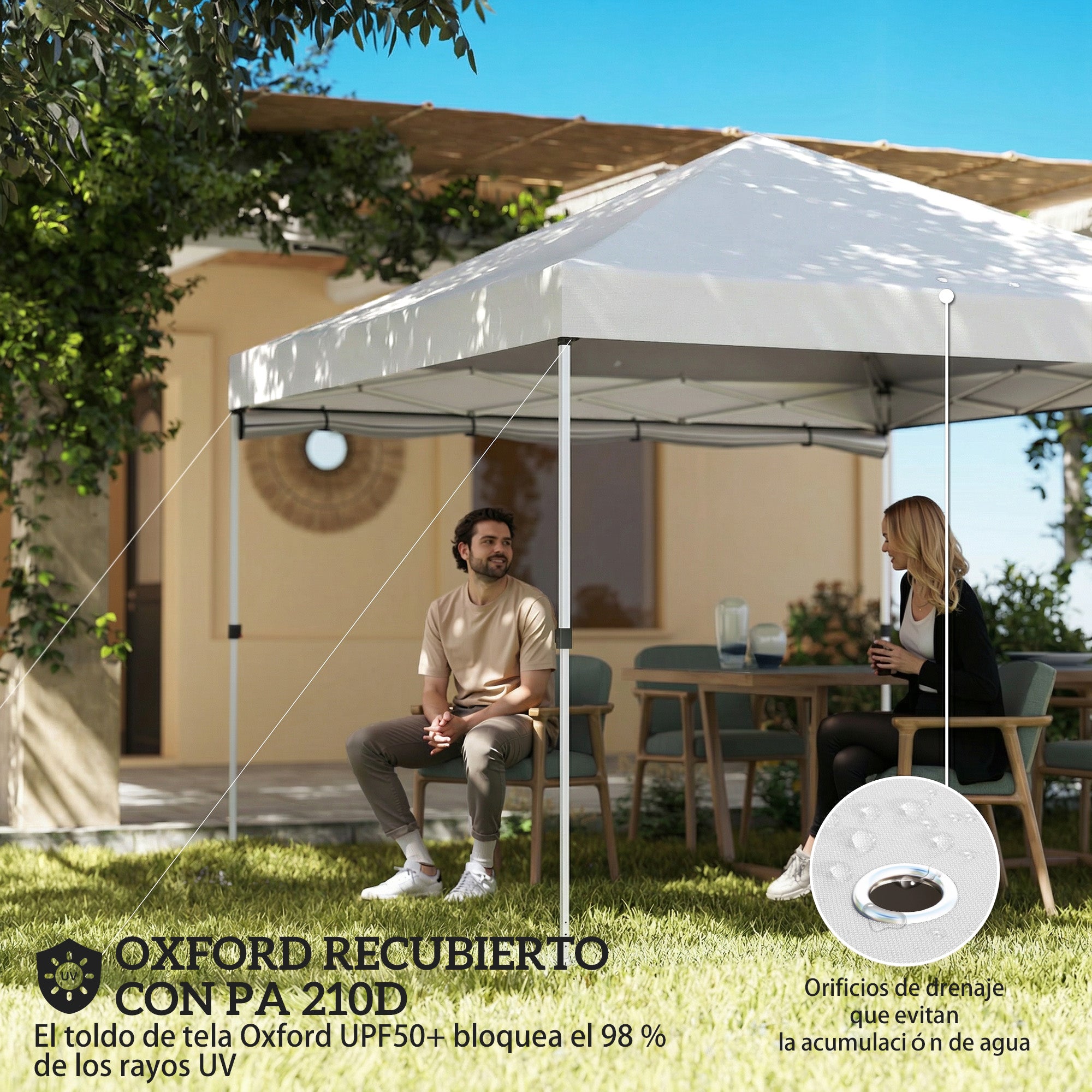 Outsunny Carpa Plegable 3x3 m, Pop-up, con Pared Lateral, Cenador de Jardín con Protección UPF50+, Empuje Central, Altura Ajustable, Bolsa de Transporte, Gazebo para Camping, Exterior, Blanco