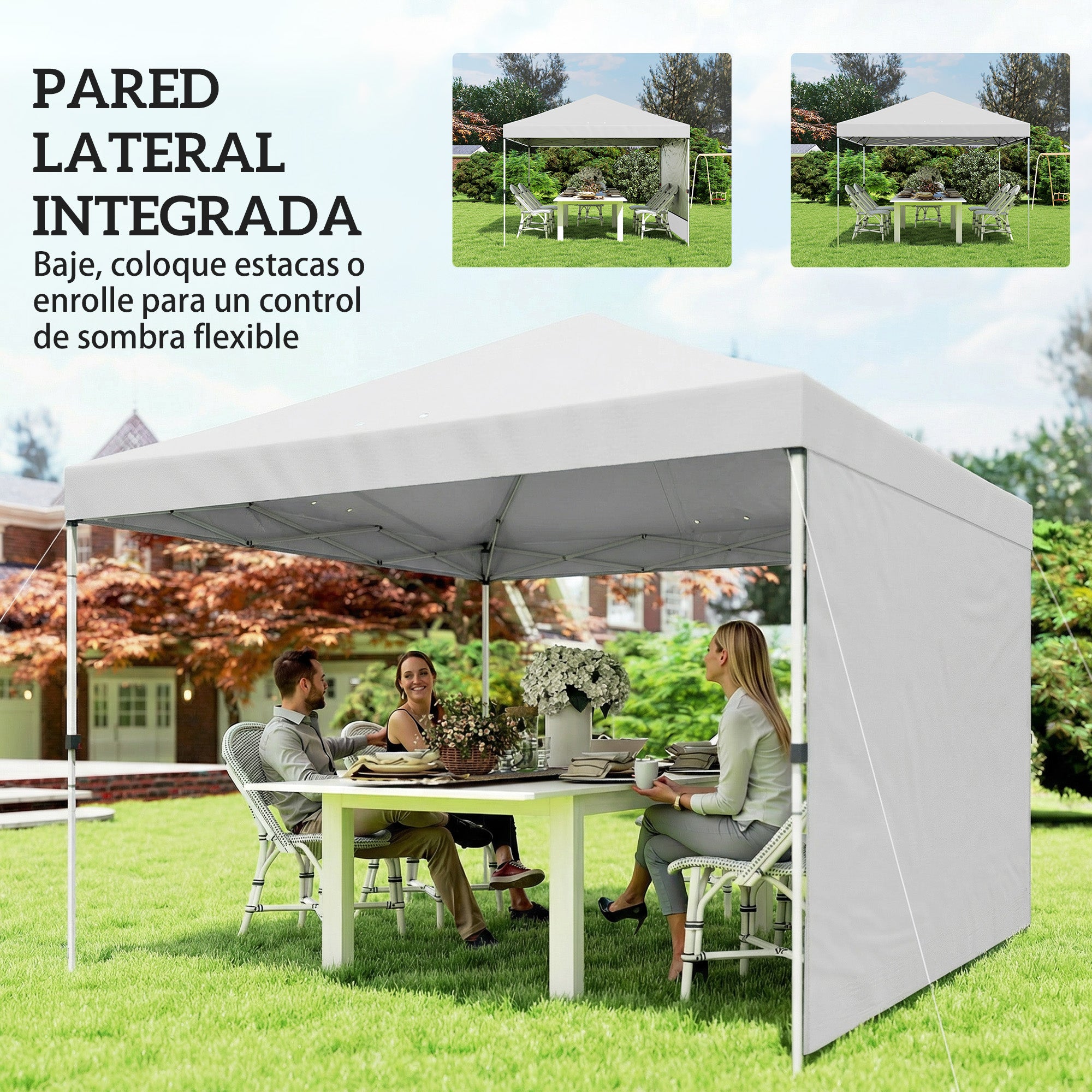 Outsunny Carpa Plegable 3x3 m, Pop-up, con Pared Lateral, Cenador de Jardín con Protección UPF50+, Empuje Central, Altura Ajustable, Bolsa de Transporte, Gazebo para Camping, Exterior, Blanco