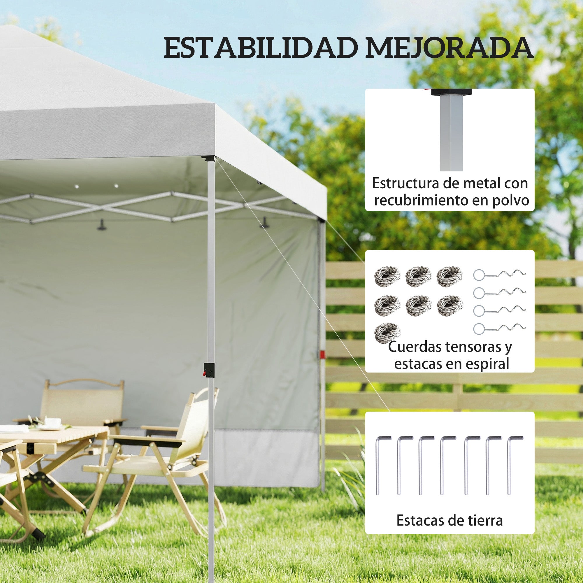 Outsunny Carpa Plegable 3x3 m, Pop-up, con Pared Lateral, Cenador de Jardín con Protección UPF50+, Empuje Central, Altura Ajustable, Bolsa de Transporte, Gazebo para Camping, Exterior, Blanco