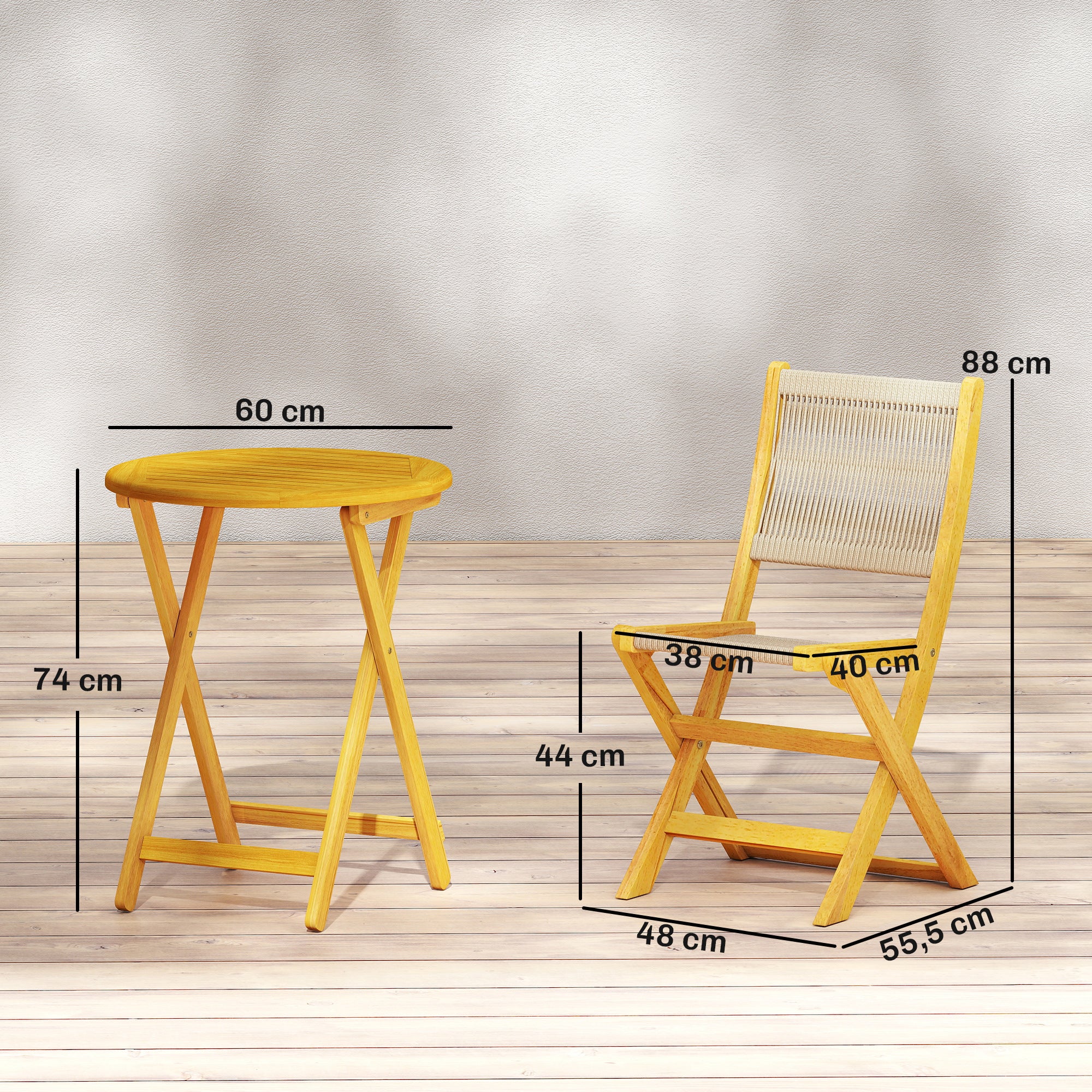 Outsunny Conjunto de Mesa y Sillas de Terraza Exterior de Madera 3 Piezas, Muebles de Jardín Exterior con 2 Sillas Plegables, Asiento Respaldo de Cuerda PP, Mesa Redonda para Patio, Balcón, Natural