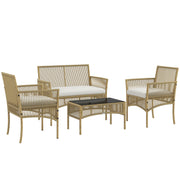Outsunny Conjunto de Muebles de Jardín de Ratán Juego de 4 Piezas Muebles de Terraza con 1 Sofá de 2 Plazas 2 Sillones Cojines y 1 Mesa de Centro de Tablero de Vidrio para Patio Natural y Beige