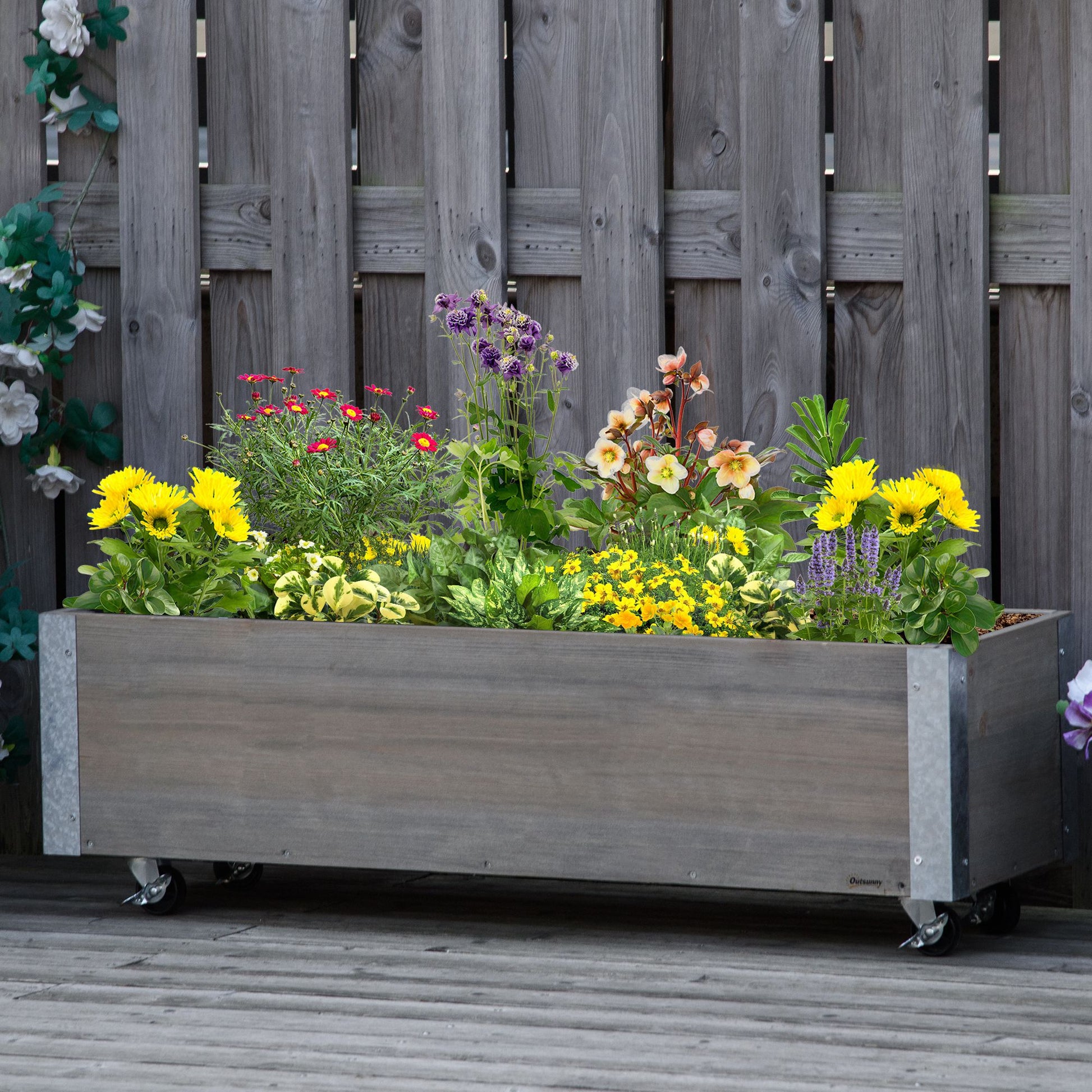 Outsunny Jardinera Exterior Grande con Ruedas Jardinera de Madera con Tela no Tejida Jardinera y Sistema de Drenaje para Cultivo Flores Plantas en Balcón Terraza 96x30,6x30 cm Gris Claro