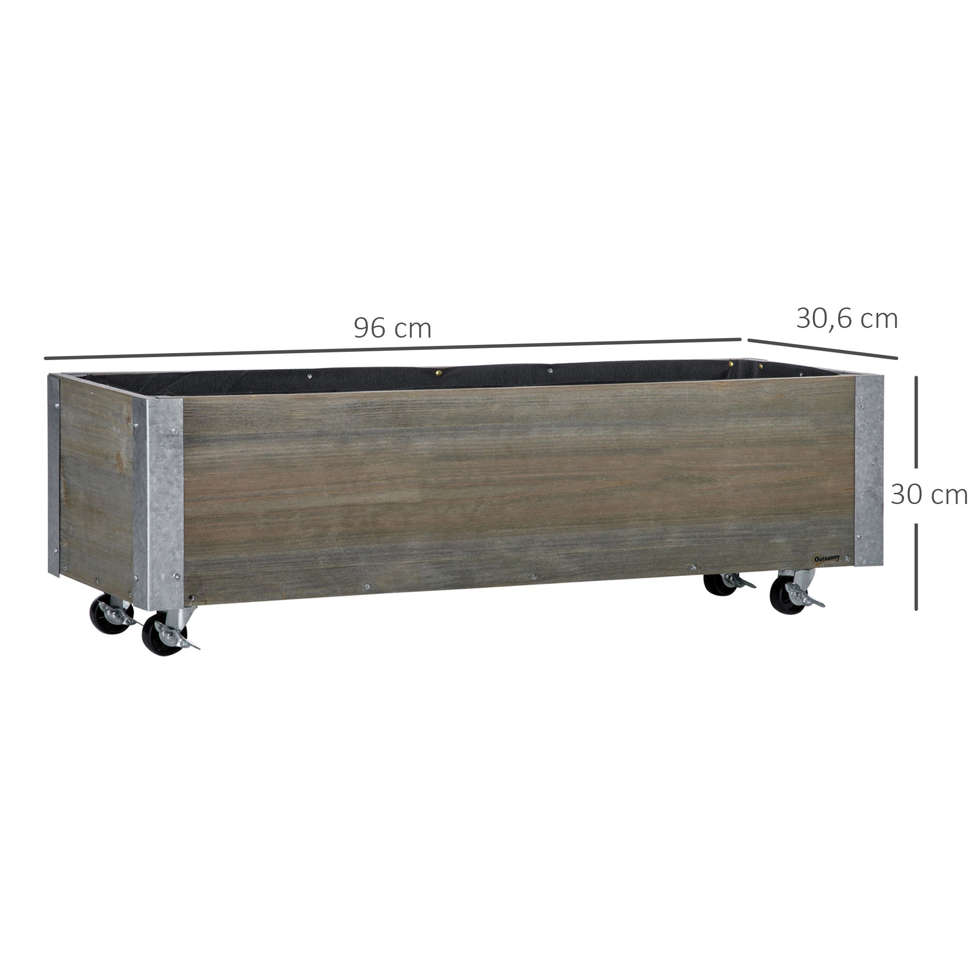 Outsunny Jardinera Exterior Grande con Ruedas Jardinera de Madera con Tela no Tejida Jardinera y Sistema de Drenaje para Cultivo Flores Plantas en Balcón Terraza 96x30,6x30 cm Gris Claro