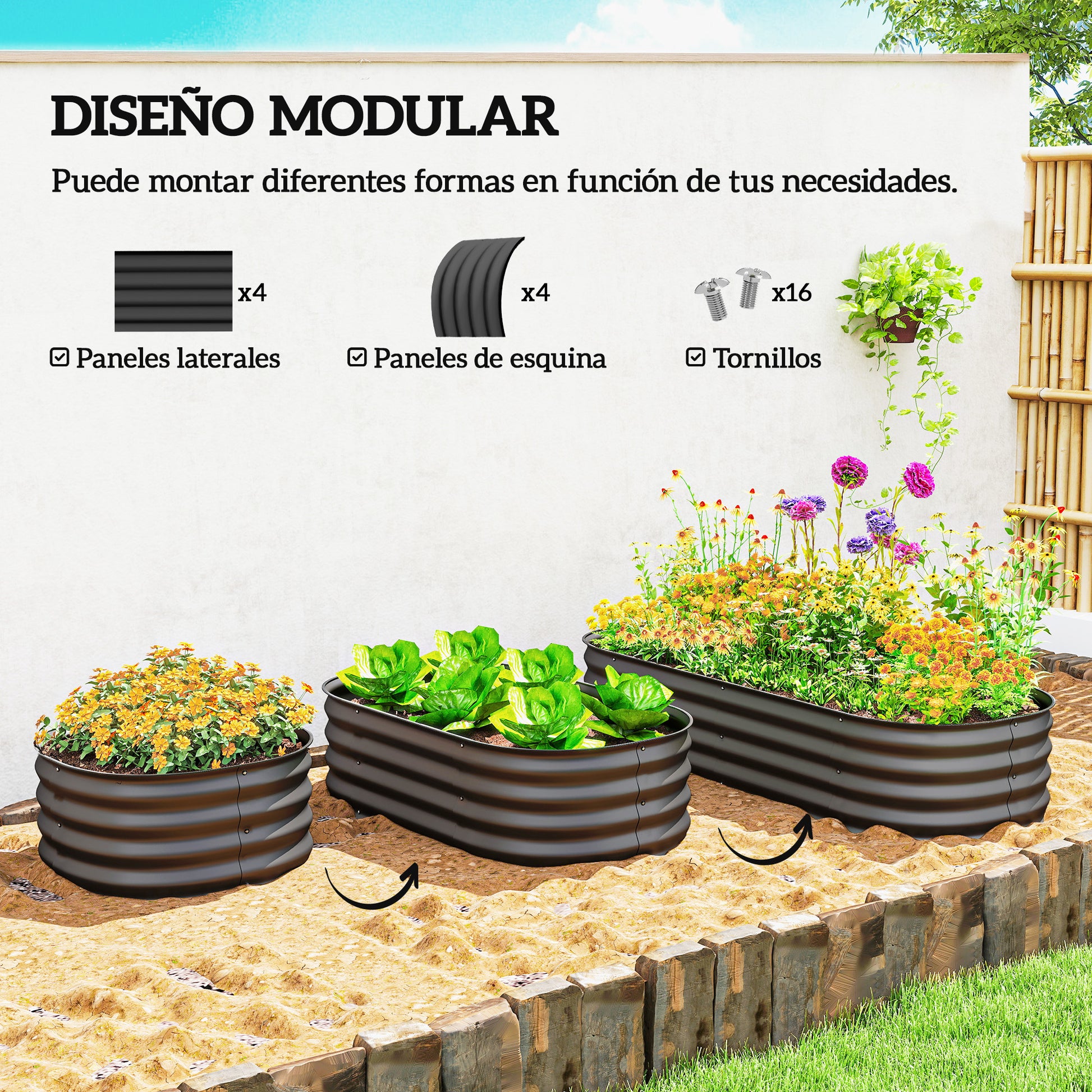Outsunny Jardinera Exterior Grande de Acero Galvanizado, Huerto Urbano para Cultivar Plantas, Macetero Exterior con Bordes de Seguridad, Fácil Montaje, Resistente a la Intemperie, 150x62x30 cm, Gris