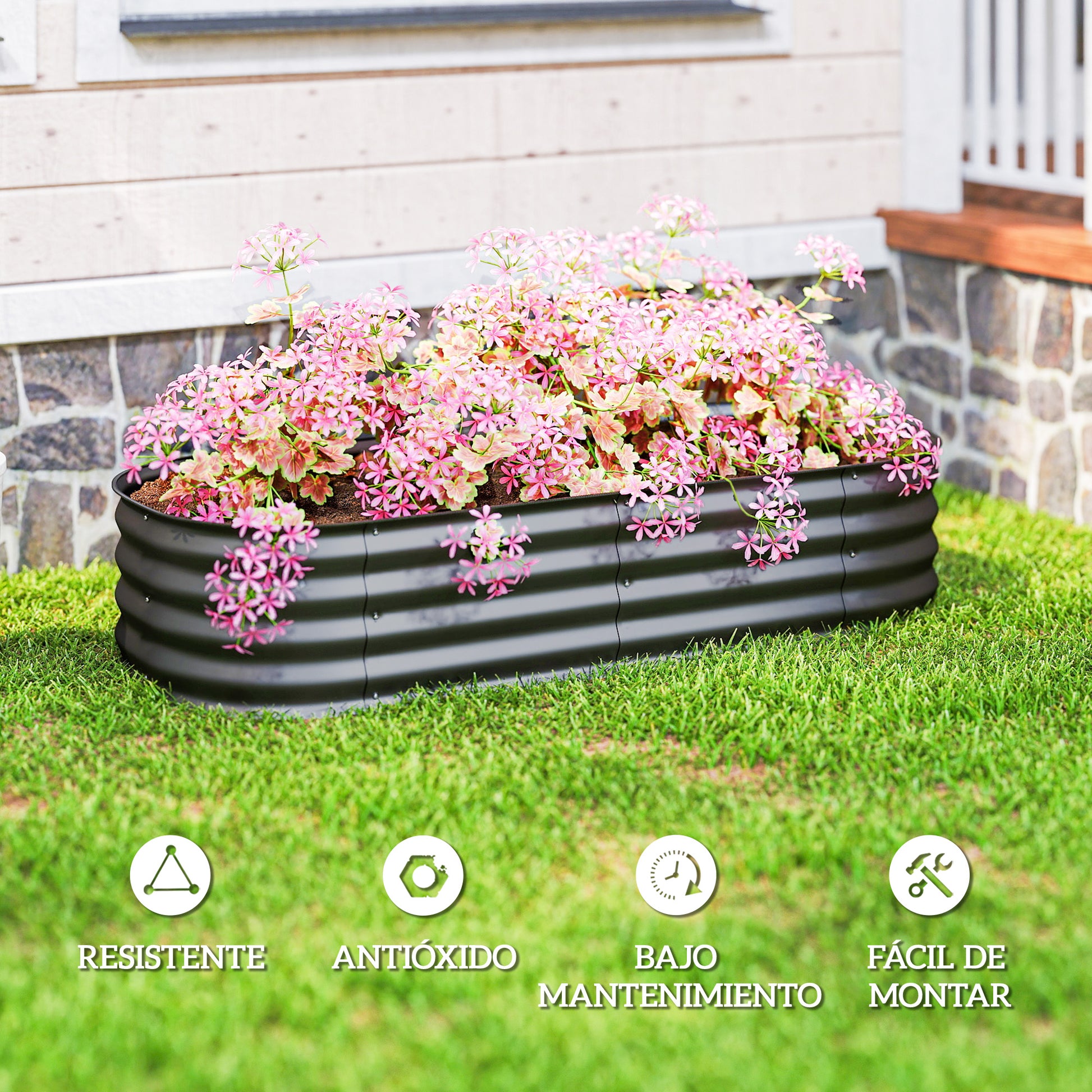Outsunny Jardinera Exterior Grande de Acero Galvanizado, Huerto Urbano para Cultivar Plantas, Macetero Exterior con Bordes de Seguridad, Fácil Montaje, Resistente a la Intemperie, 150x62x30 cm, Gris