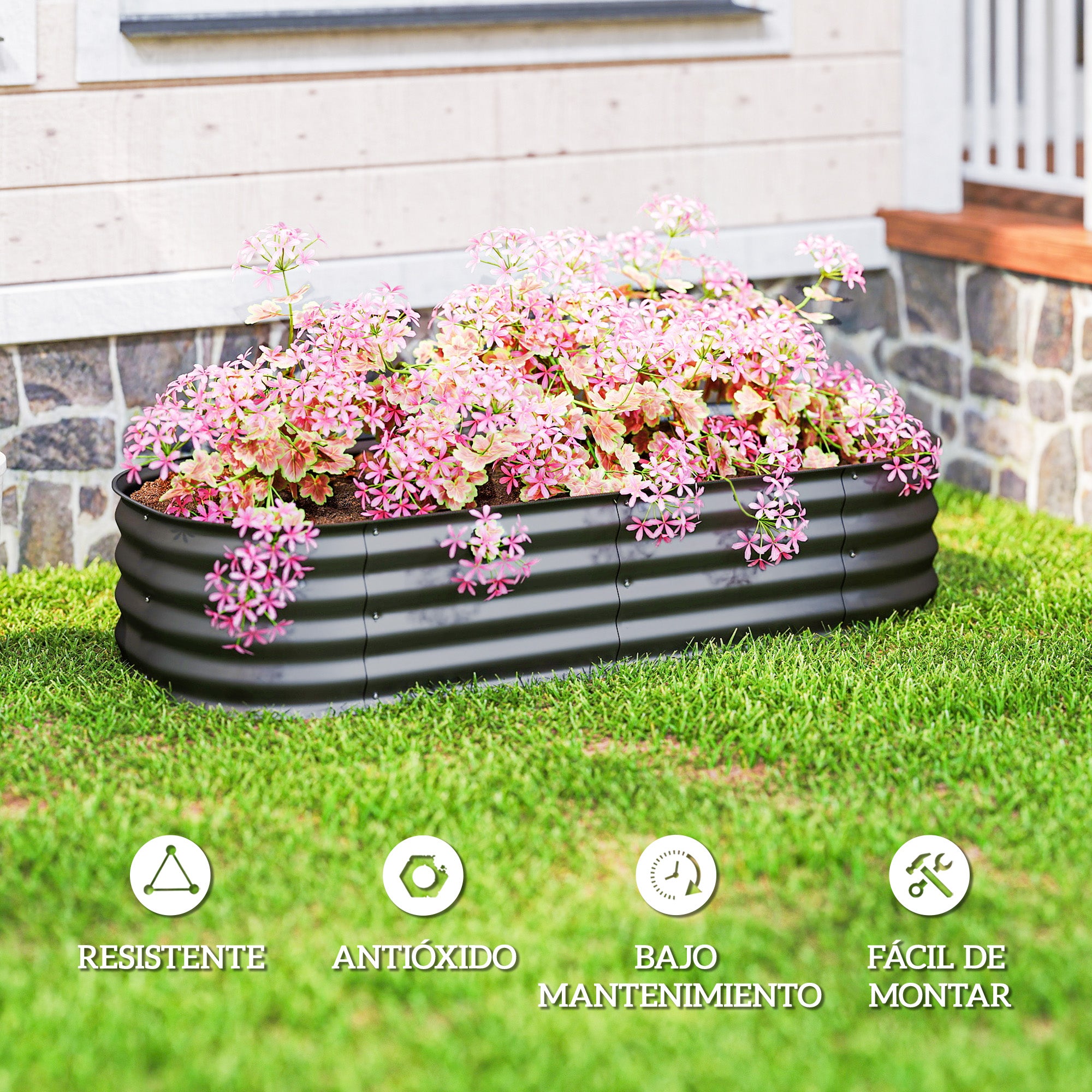 Outsunny Jardinera Exterior Grande de Acero Galvanizado, Huerto Urbano para Cultivar Plantas, Macetero Exterior con Bordes de Seguridad, Fácil Montaje, Resistente a la Intemperie, 150x62x30 cm, Gris