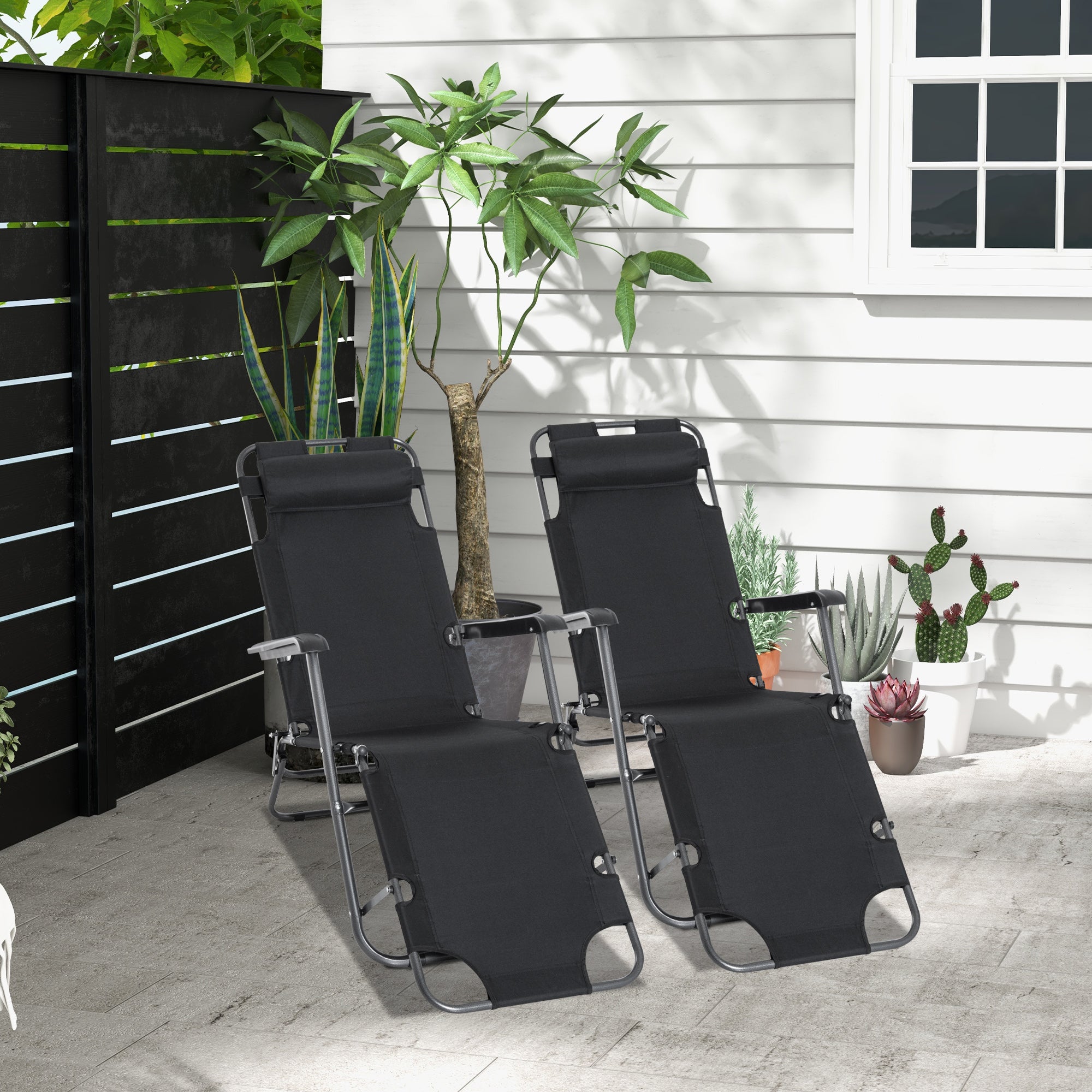 Outsunny 2 Tumbonas Reclinables y Plegables Tumbonas de Jardín con Respaldo Ajustable Reposabrazos Almohada y Reposapiés Carga 136 kg para Exterior Terraza 135x60x89 cm Negro