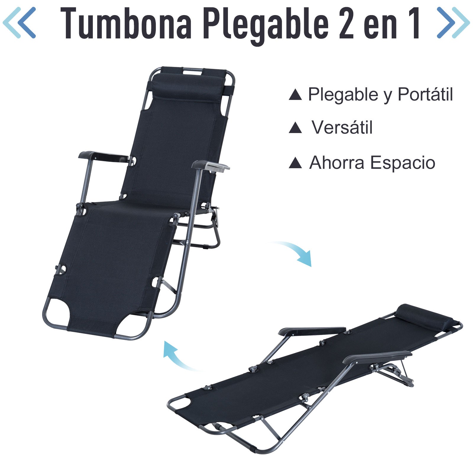 Outsunny 2 Tumbonas Reclinables y Plegables Tumbonas de Jardín con Respaldo Ajustable Reposabrazos Almohada y Reposapiés Carga 136 kg para Exterior Terraza 135x60x89 cm Negro