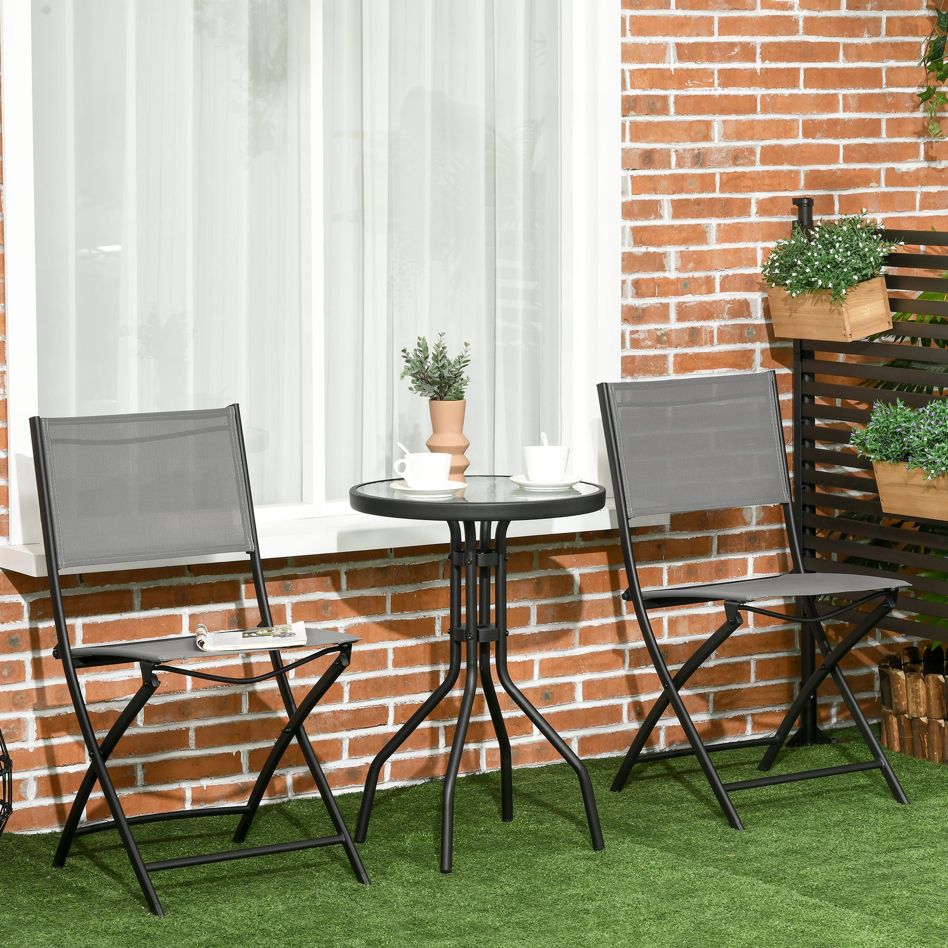 Outsunny Conjunto de Muebles de Jardín 3 Piezas Set de Muebles Exterior Incluye Mesa con Encimera de Vidrio Templado y 2 Sillones Plegable con Respaldo y Asiento de Texteline Gris