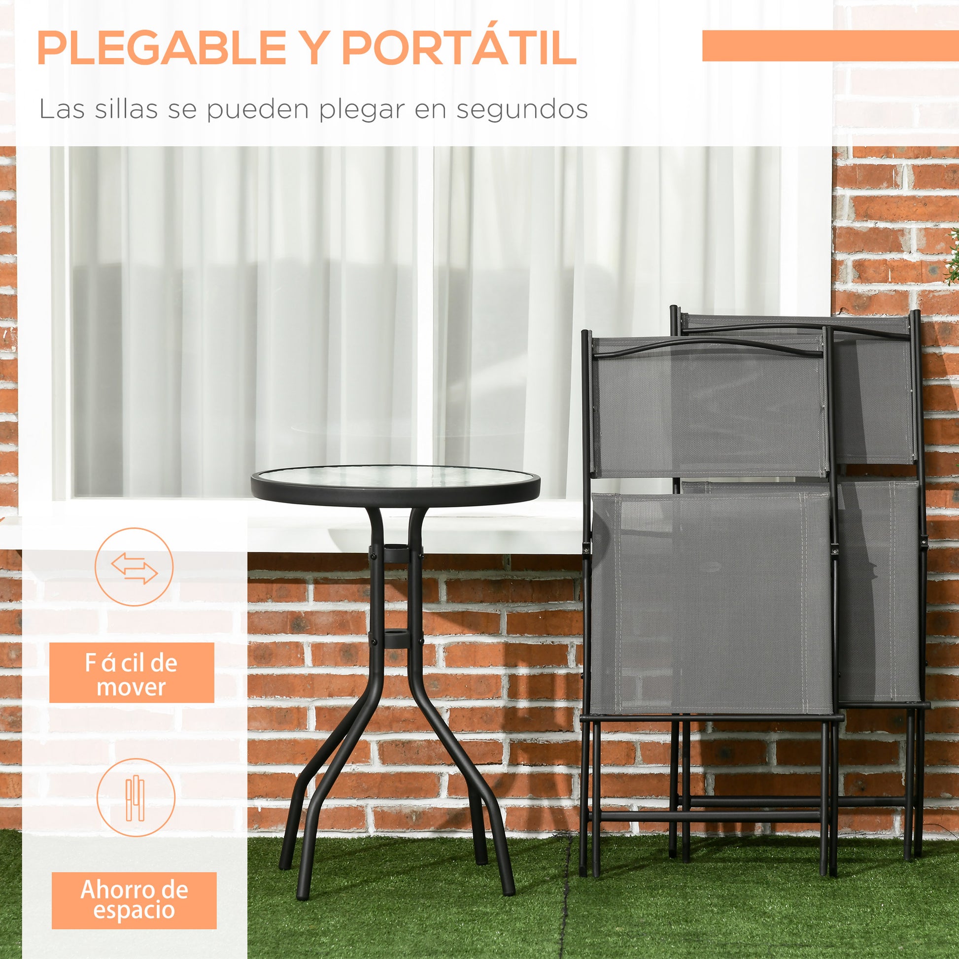 Outsunny Conjunto de Muebles de Jardín 3 Piezas Set de Muebles Exterior Incluye Mesa con Encimera de Vidrio Templado y 2 Sillones Plegable con Respaldo y Asiento de Texteline Gris