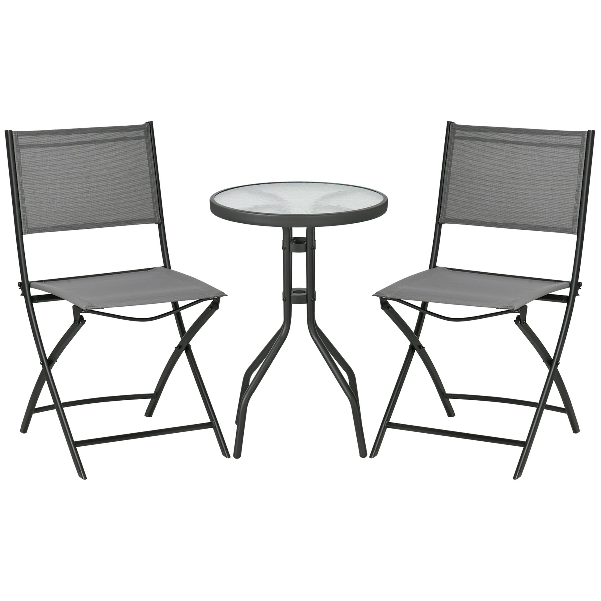 Outsunny Conjunto de Muebles de Jardín 3 Piezas Set de Muebles Exterior Incluye Mesa con Encimera de Vidrio Templado y 2 Sillones Plegable con Respaldo y Asiento de Texteline Gris