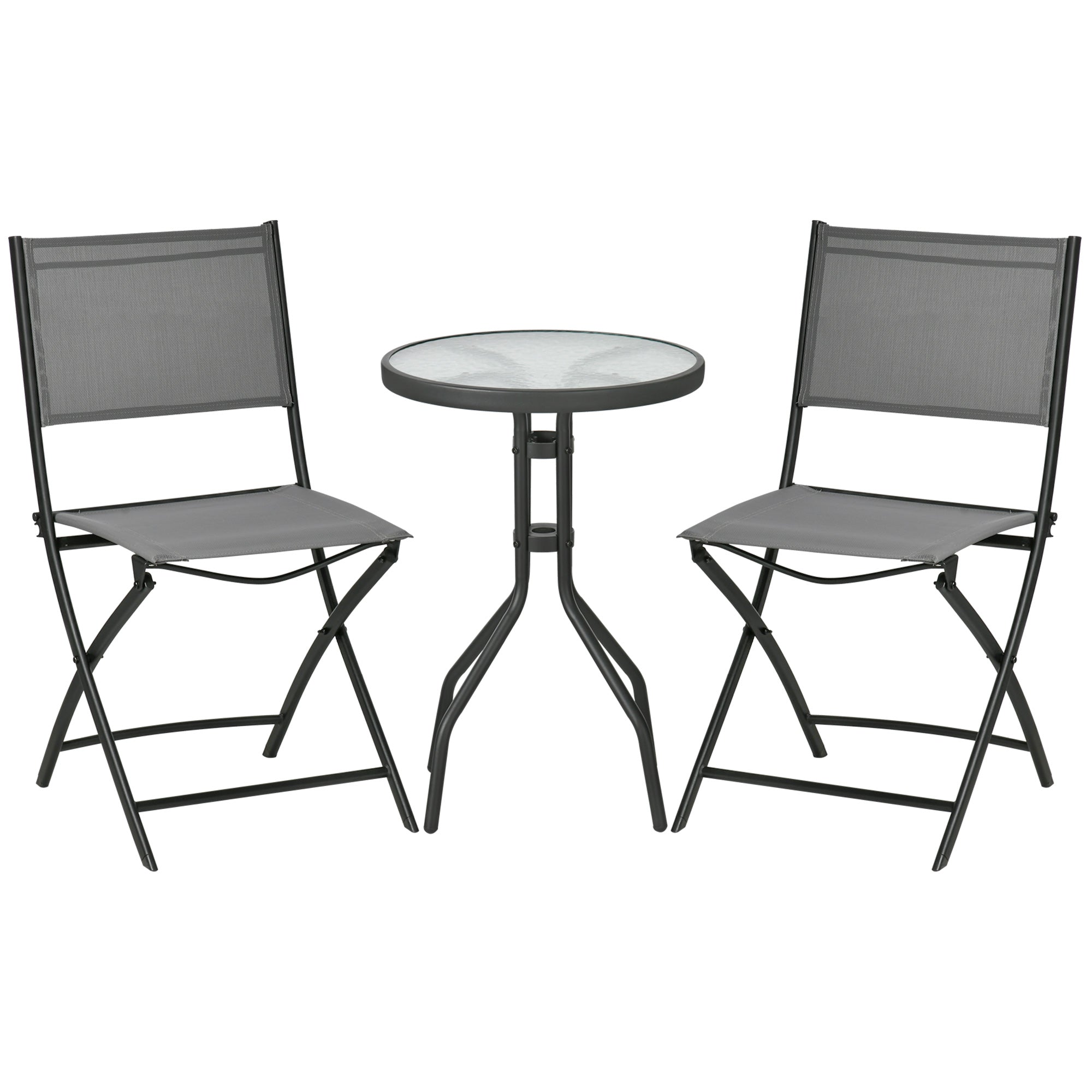 Outsunny Conjunto de Muebles de Jardín 3 Piezas Set de Muebles Exterior Incluye Mesa con Encimera de Vidrio Templado y 2 Sillones Plegable con Respaldo y Asiento de Texteline Gris