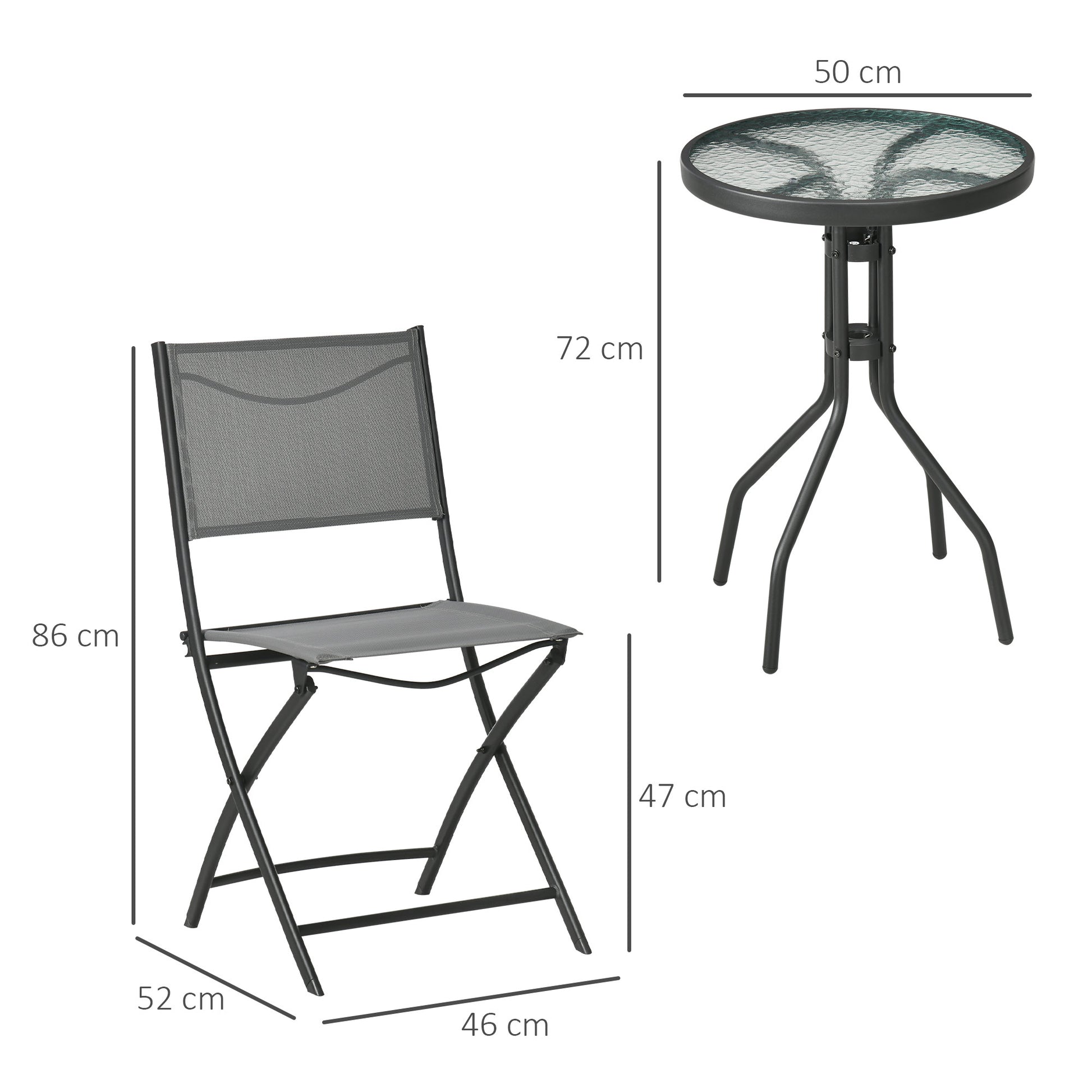 Outsunny Conjunto de Muebles de Jardín 3 Piezas Set de Muebles Exterior Incluye Mesa con Encimera de Vidrio Templado y 2 Sillones Plegable con Respaldo y Asiento de Texteline Gris