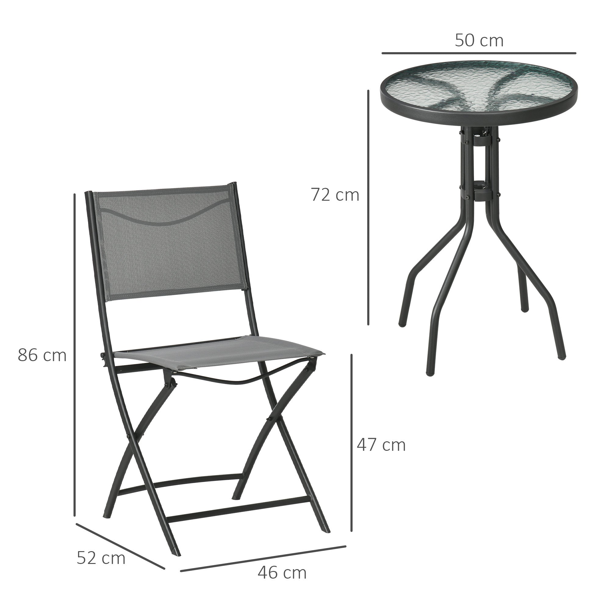 Outsunny Conjunto de Muebles de Jardín 3 Piezas Set de Muebles Exterior Incluye Mesa con Encimera de Vidrio Templado y 2 Sillones Plegable con Respaldo y Asiento de Texteline Gris