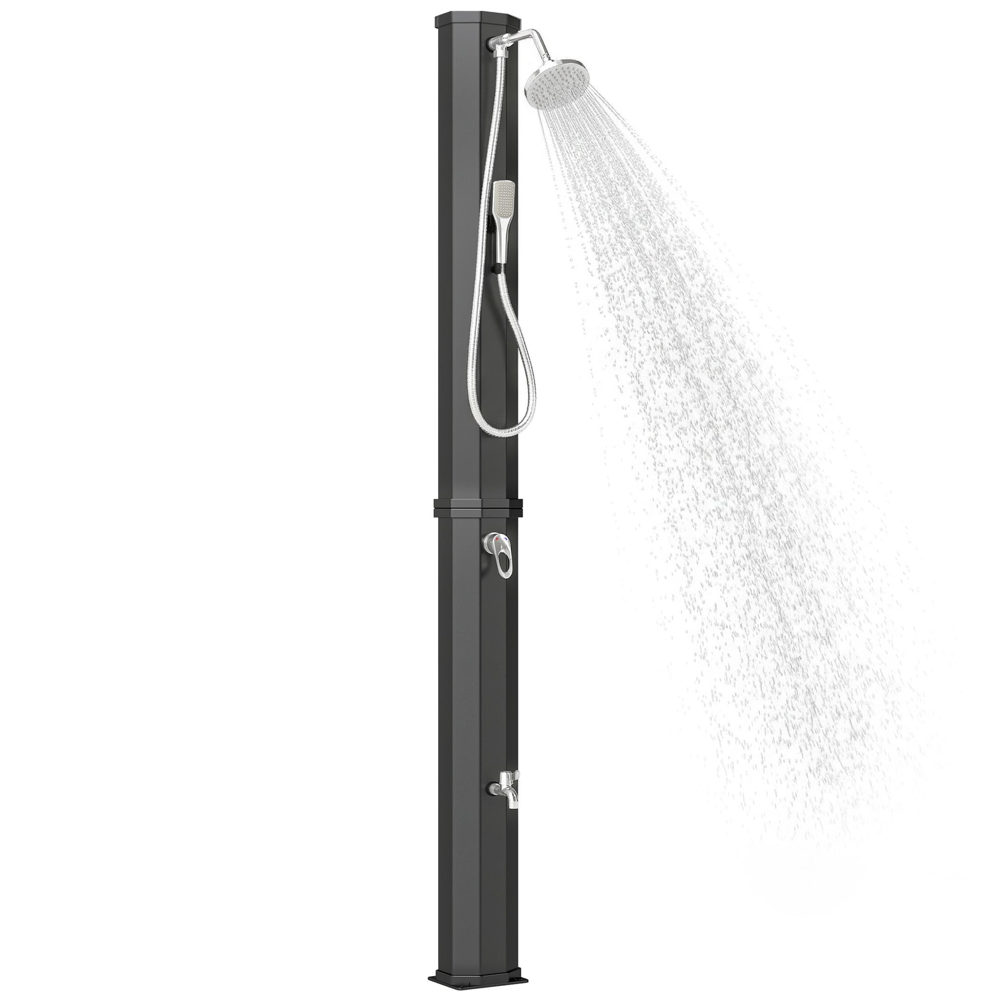 Outsunny Ducha Solar de Jardín 60 L Ducha Solar Exterior con Cabezal Rociador de Mano Grifo de Pies Agua Fría y Caliente Máx. 60 °C Conexión Manguera para Piscina Camping Patio 21,8x18,2x227 cm Negro