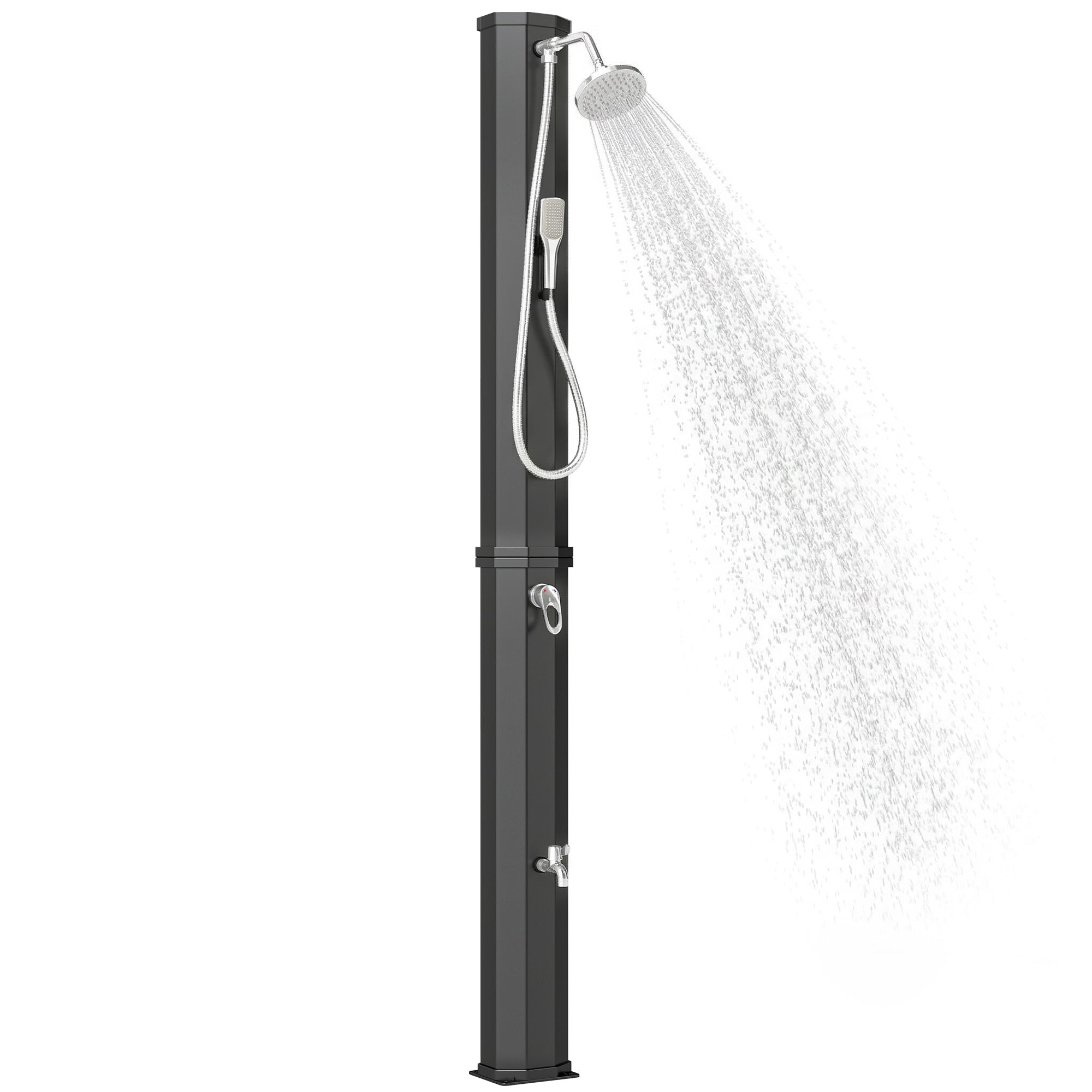 Outsunny Ducha Solar de Jardín 60 L Ducha Solar Exterior con Cabezal Rociador de Mano Grifo de Pies Agua Fría y Caliente Máx. 60 °C Conexión Manguera para Piscina Camping Patio 21,8x18,2x227 cm Negro