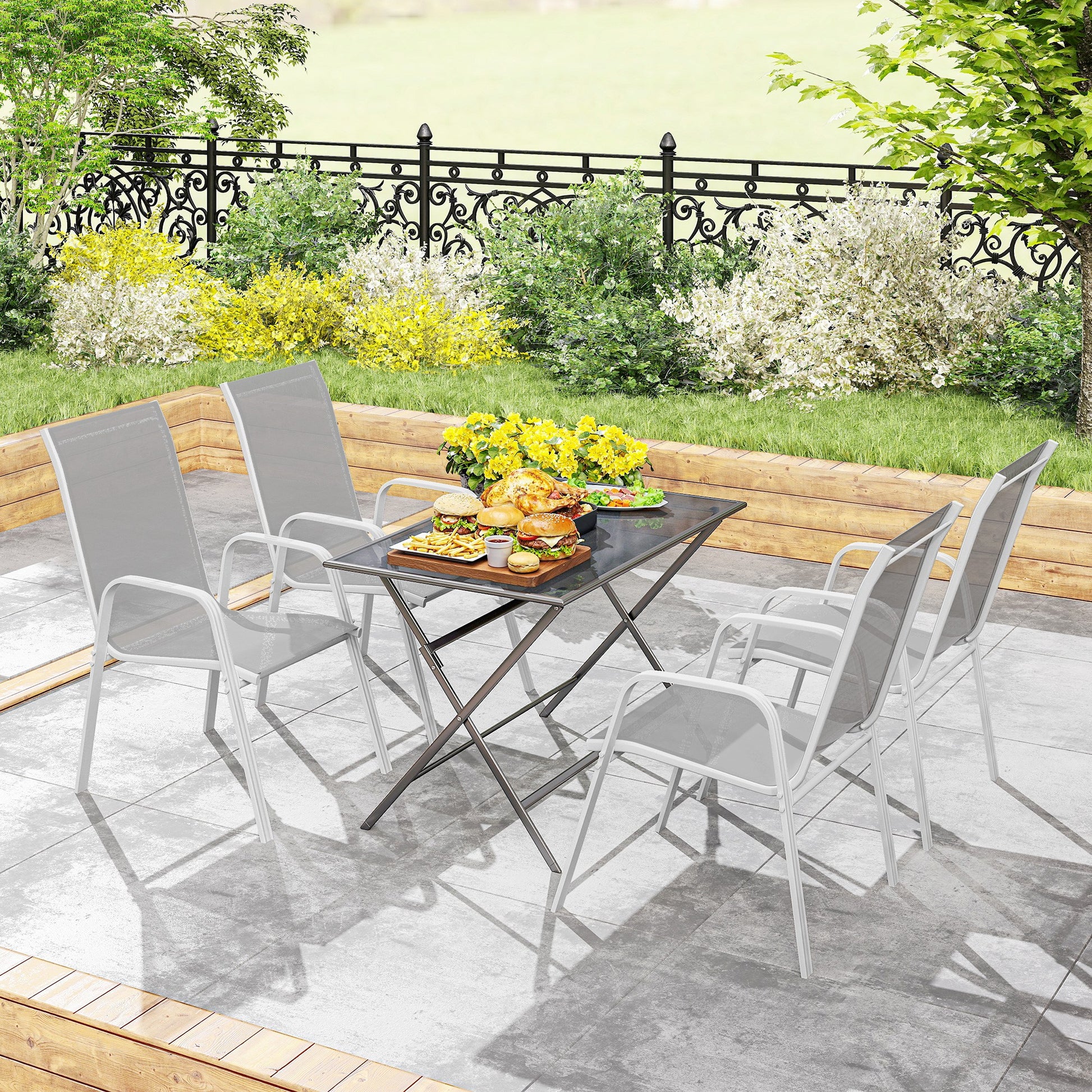 Outsunny Juego de 4 Sillas de Jardín Exterior Sillas Terraza Exterior Apilables Sillón de Comedor con Tela Transpirable Marco de Metal Reposabrazos y Respaldo 54x75,5x95 cm Gris Claro