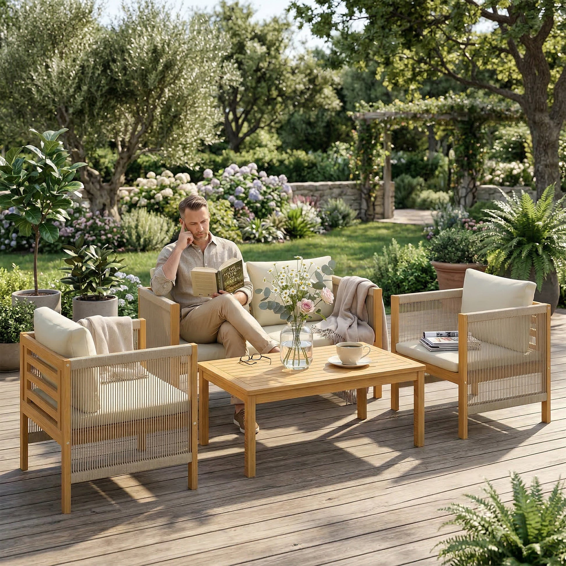 Outsunny Conjunto de Jardín Exterior de 4 Piezas, Muebles Jardín Exterior con Sofá de 2 Plazas, 2 Sillones, Mesa de Madera de Acacia, Cojines Acolchados y Decoración de Cuerda PP, para Terraza, Beige