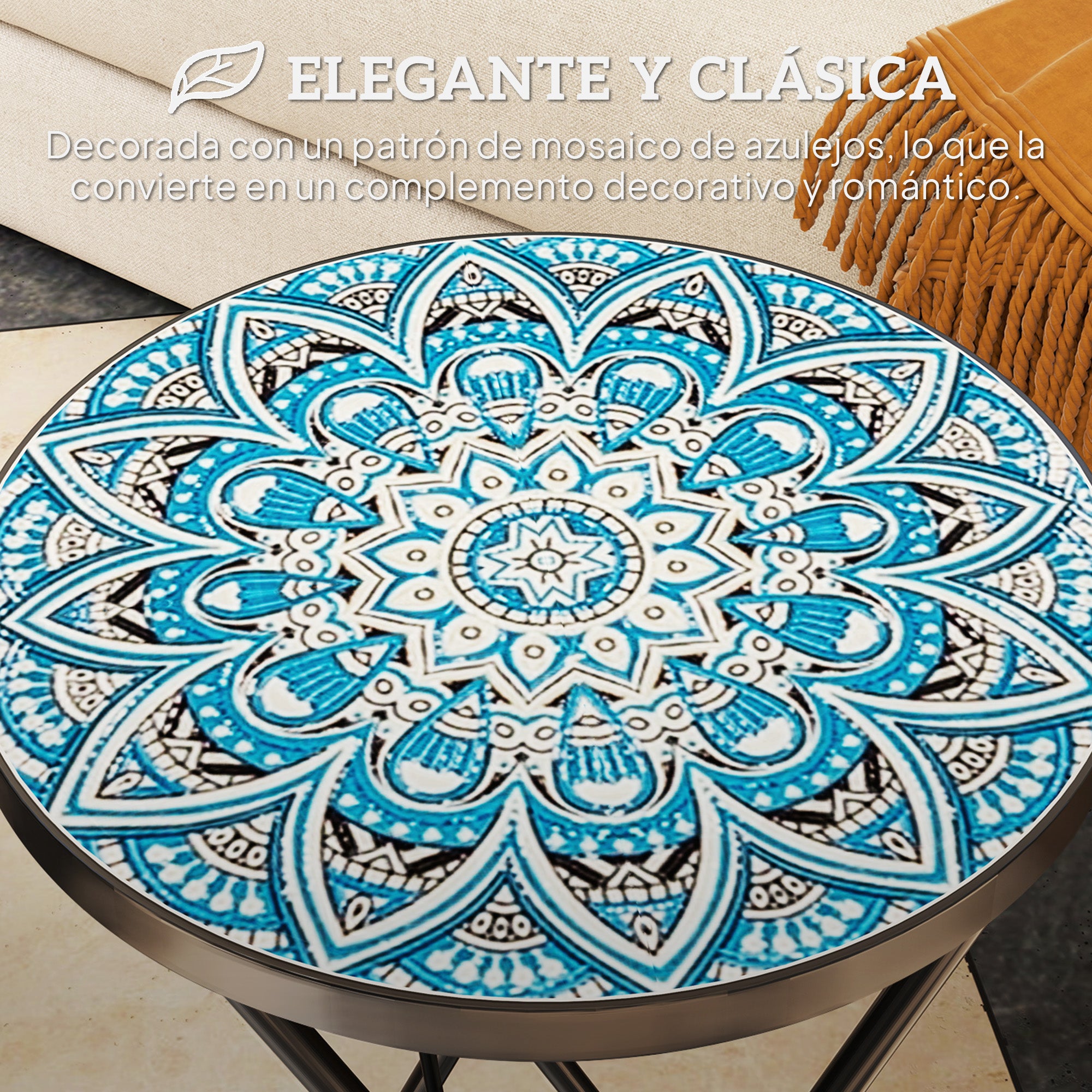 Outsunny Mesa Auxiliar Redonda Mesa de Jardín Exterior Plegable con Encimera de Mosaico y Almohadillas Antideslizantes Mesa para Exterior Terraza Patio Ø35,5x55 cm Azul
