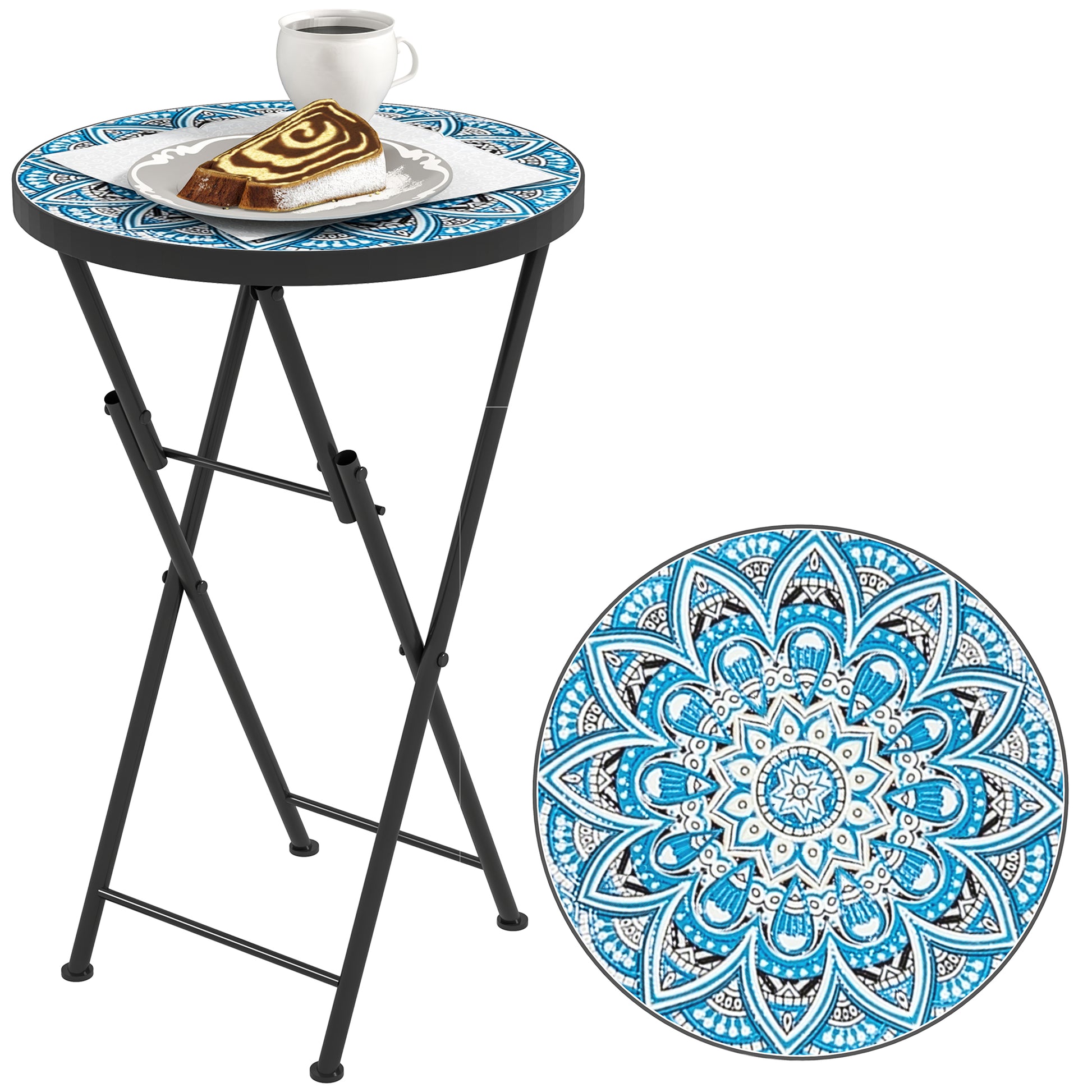 Outsunny Mesa Auxiliar Redonda Mesa de Jardín Exterior Plegable con Encimera de Mosaico y Almohadillas Antideslizantes Mesa para Exterior Terraza Patio Ø35,5x55 cm Azul