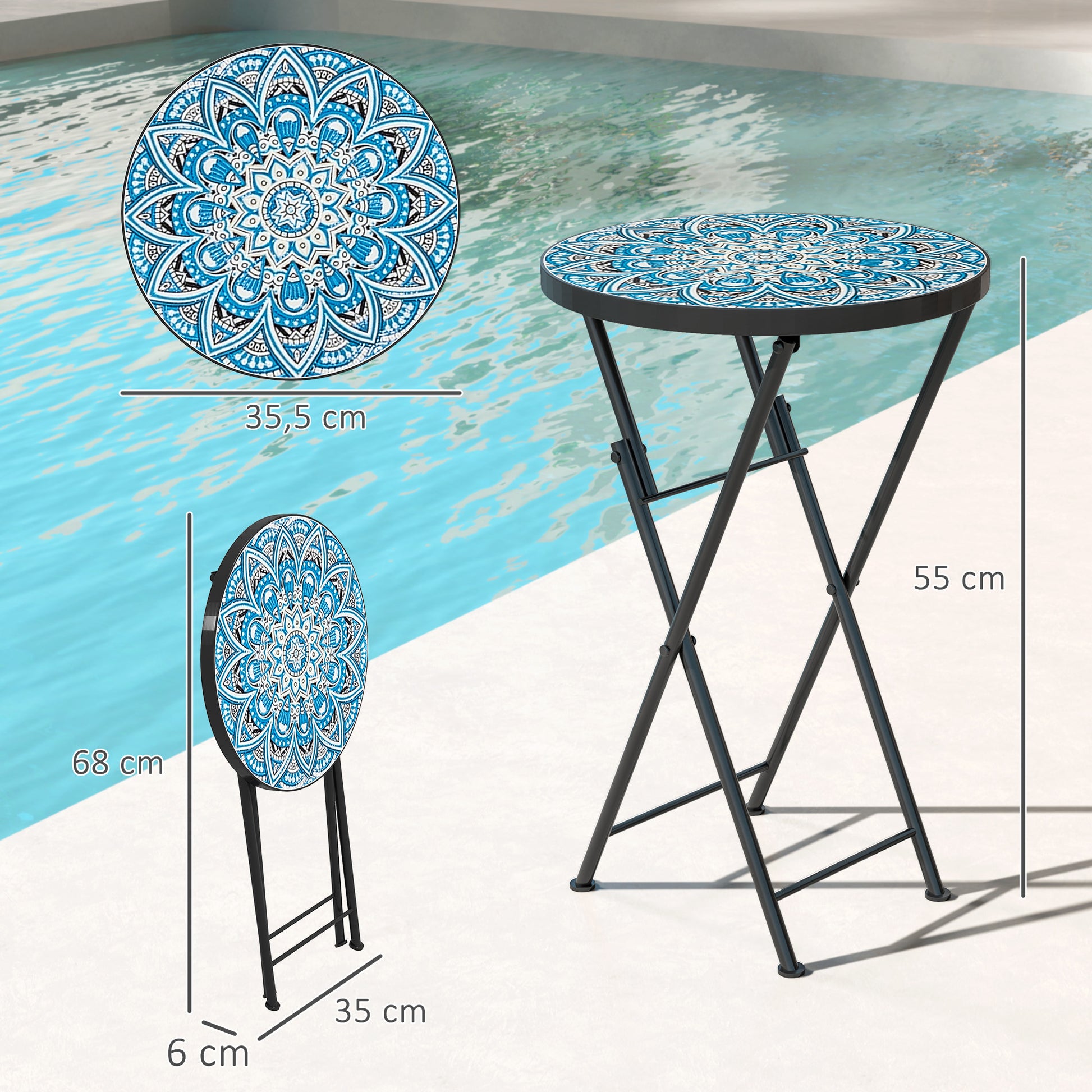 Outsunny Mesa Auxiliar Redonda Mesa de Jardín Exterior Plegable con Encimera de Mosaico y Almohadillas Antideslizantes Mesa para Exterior Terraza Patio Ø35,5x55 cm Azul
