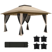 Outsunny Carpa Plegable Gazebo, 3,6x3,6 m, Cenador Plegable con 4 Paredes Laterales de Malla, Anti-UV, Altura Ajustable, Bolsa de Arena y Bolsa de Transporte, para Camping, Fiestas, Beige