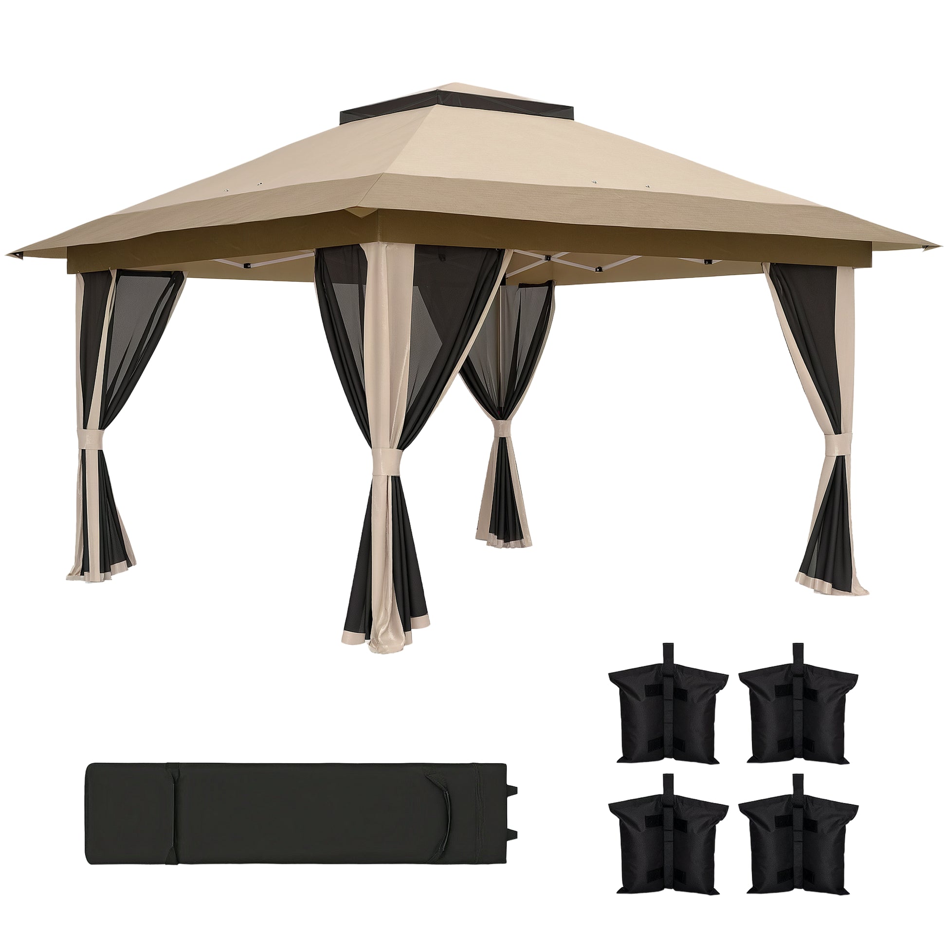 Outsunny Carpa Plegable Gazebo, 3,6x3,6 m, Cenador Plegable con 4 Paredes Laterales de Malla, Anti-UV, Altura Ajustable, Bolsa de Arena y Bolsa de Transporte, para Camping, Fiestas, Beige