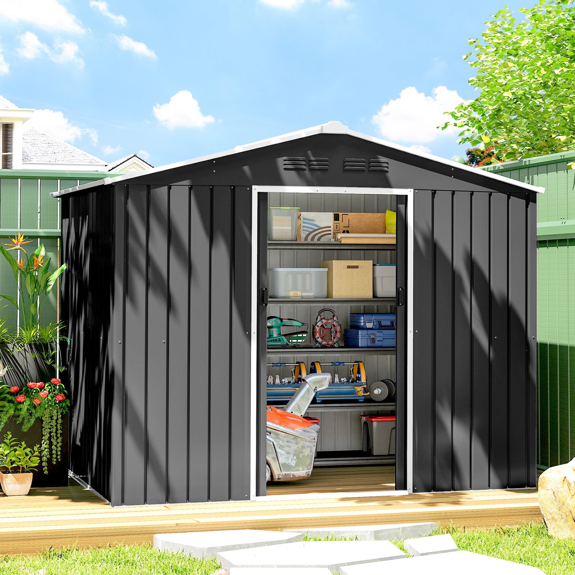 Outsunny Caseta de Jardín Exterior 3,6 m², 236x171x191 cm, Cobertizo de Jardín Exterior Metálico con Puertas Correderas y Ranuras de Ventilación, para Almacenamiento de Herramientas, Gris Oscuro