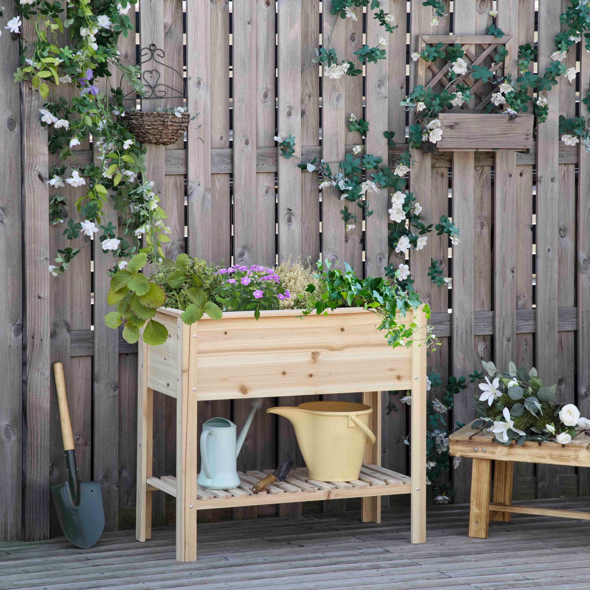 Outsunny Huerto Urbano Elevado con Estante 90x40x81 cm Mesa Jardinera de Cultivo de Madera con Tela no Tejida para Cultivos Plantas Flores Jardín Natural