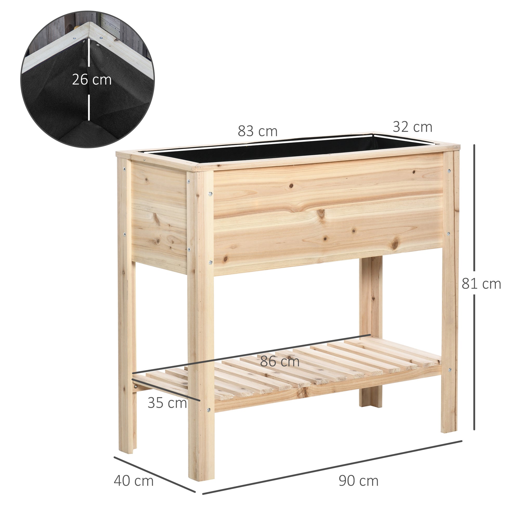 Outsunny Huerto Urbano Elevado con Estante 90x40x81 cm Mesa Jardinera de Cultivo de Madera con Tela no Tejida para Cultivos Plantas Flores Jardín Natural