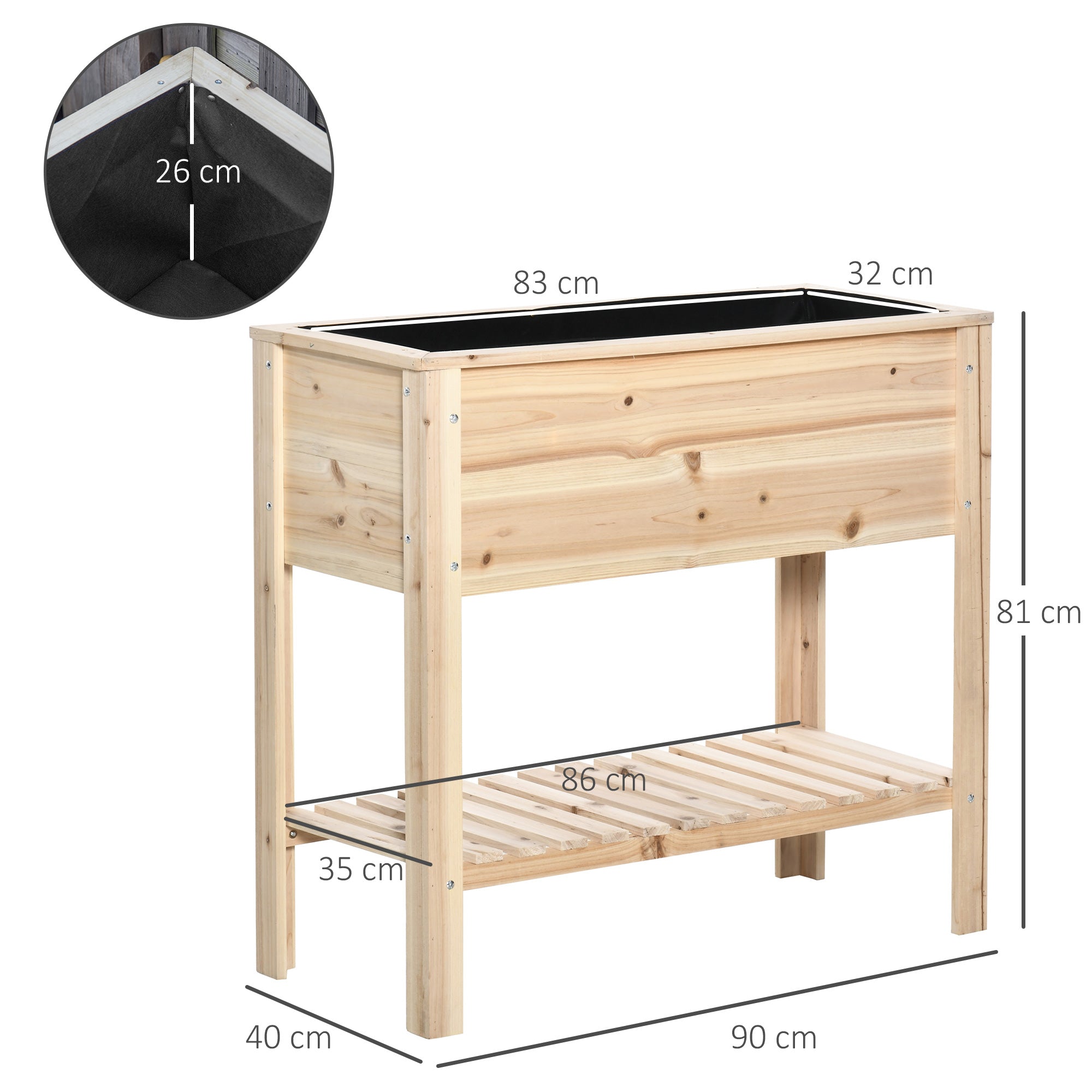 Outsunny Huerto Urbano Elevado con Estante 90x40x81 cm Mesa Jardinera de Cultivo de Madera con Tela no Tejida para Cultivos Plantas Flores Jardín Natural