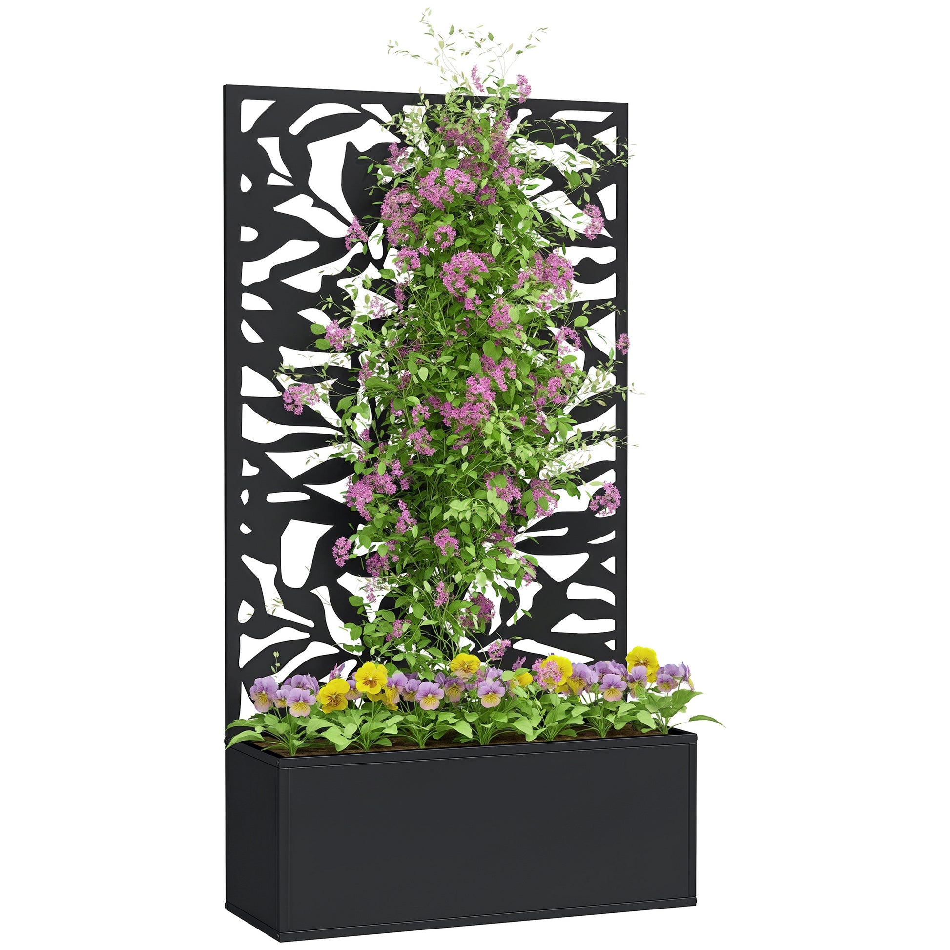 Outsunny Jardinera Exterior Grande de Metal Jardinera con Pantalla de Privacidad de Hojas Sólidas Decorativas Jardinera de Pared o Independiente para Patio Terraza 61x23x113 cm Negro