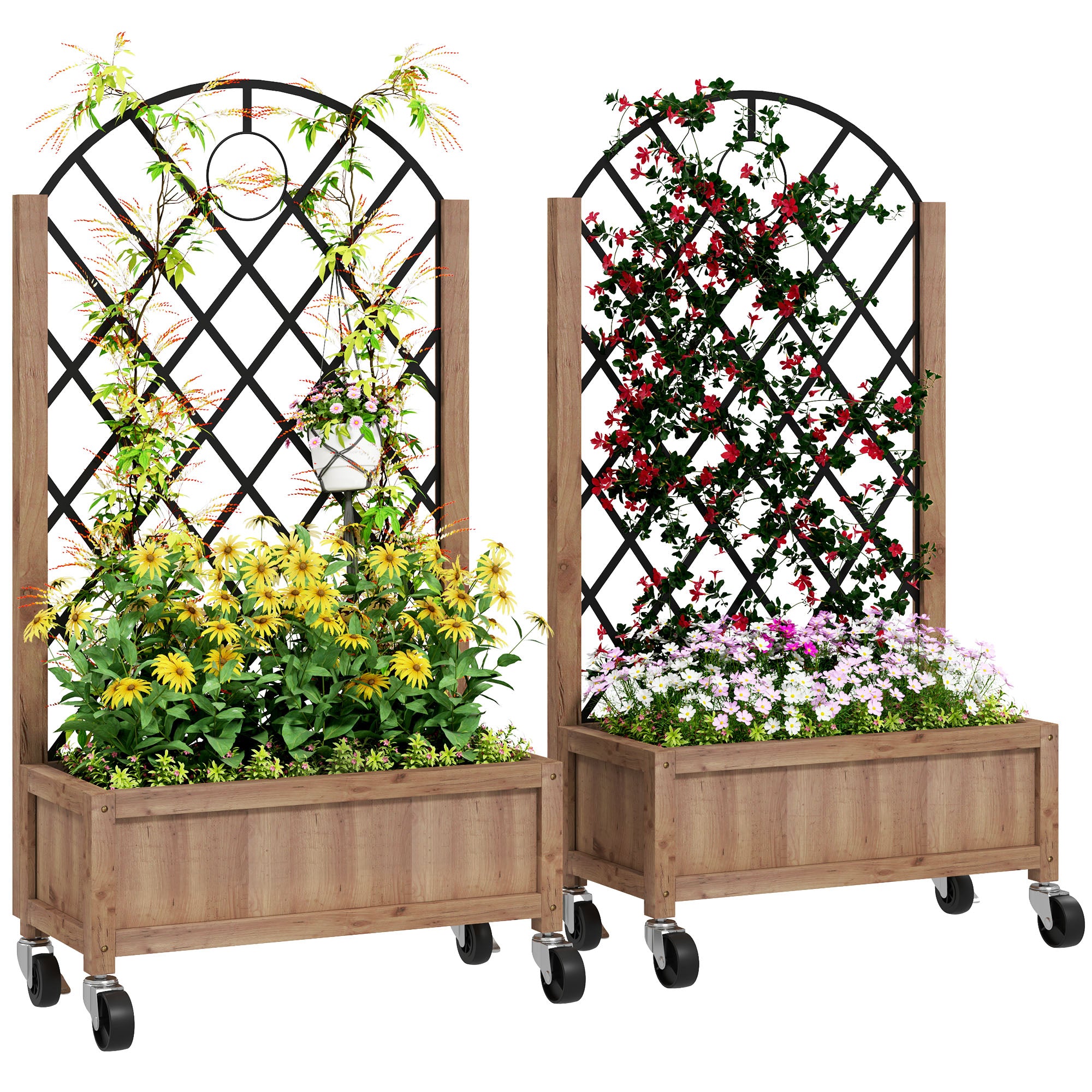 Outsunny Juego de 2 Jardineras de Exterior Jardineras con Enrejado Metálico para Plantas Trepadoras Maceteros con Ruedas para Jardín Patio 52x25x97 cm Natural
