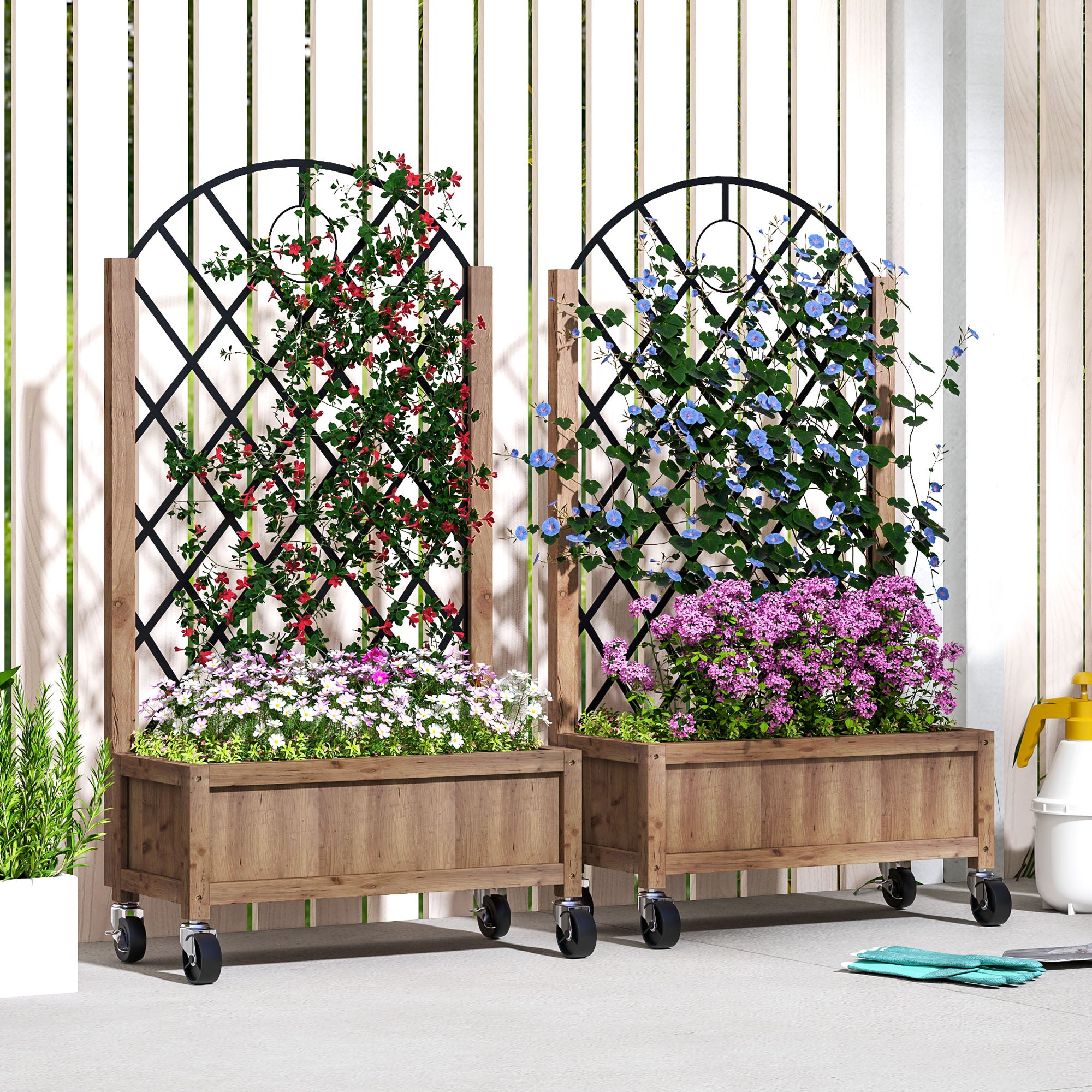 Outsunny Juego de 2 Jardineras de Exterior Jardineras con Enrejado Metálico para Plantas Trepadoras Maceteros con Ruedas para Jardín Patio 52x25x97 cm Natural