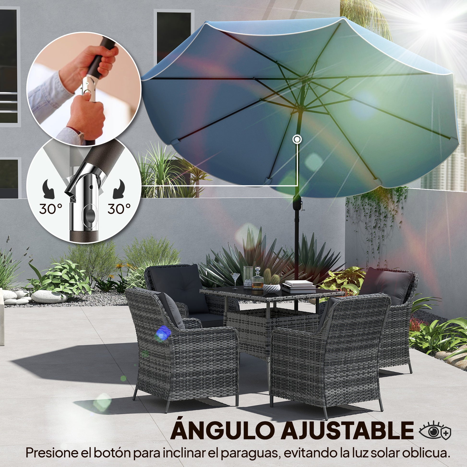 Outsunny Sombrilla Terraza Exterior, Ø2,7 m, Sombrilla de Jardín con Inclinación Ajustable 3 Posiciones, Manivela y Volantes, Impermeable, Parasol para Playa, Patio, Terraza, Azul Celeste