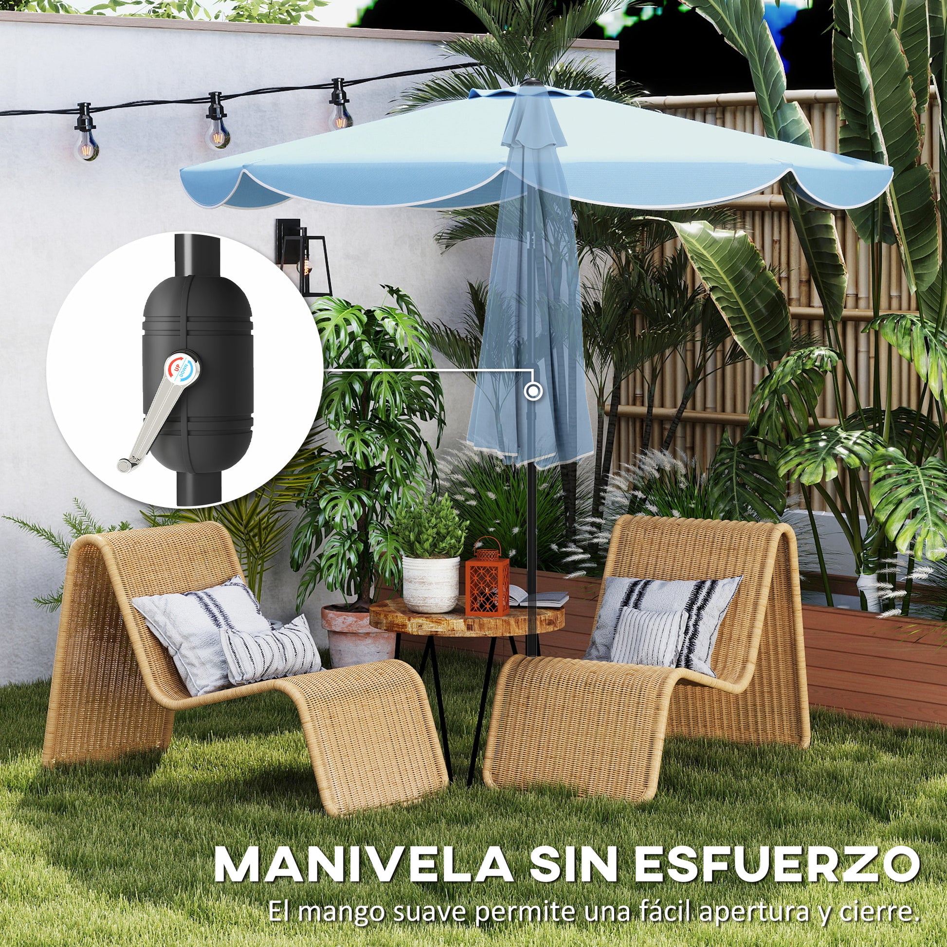 Outsunny Sombrilla Terraza Exterior, Ø2,7 m, Sombrilla de Jardín con Inclinación Ajustable 3 Posiciones, Manivela y Volantes, Impermeable, Parasol para Playa, Patio, Terraza, Azul Celeste