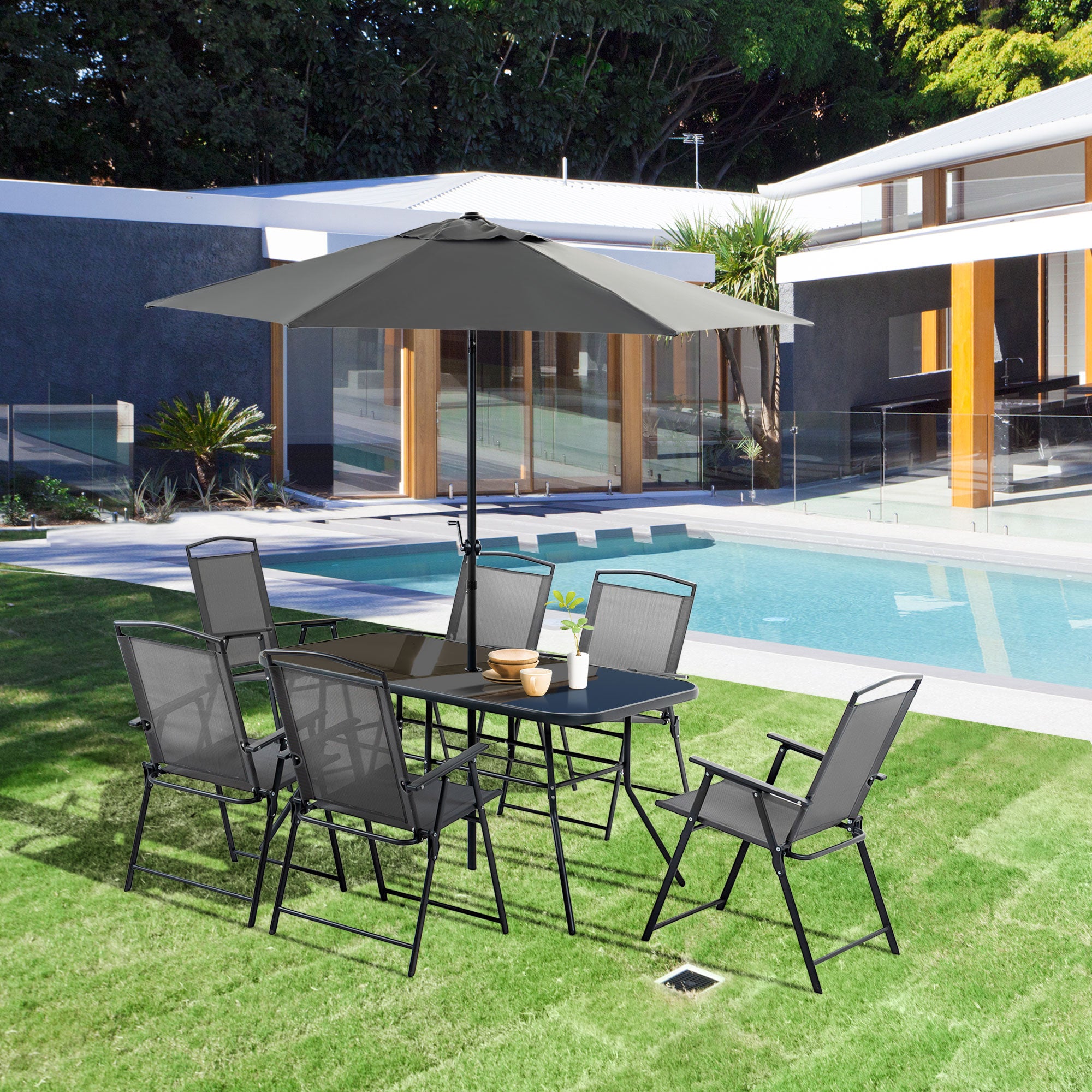 Outsunny Conjunto de Muebles de Jardín 8 Piezas con 6 Sillas Plegables Mesa de Comedor de Vidrio y Sombrilla Inclinable con Manivela Protección del Sol para Terraza Exterior Negro