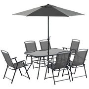 Outsunny Conjunto de Muebles de Jardín 8 Piezas con 6 Sillas Plegables Mesa de Comedor de Vidrio y Sombrilla Inclinable con Manivela Protección del Sol para Terraza Exterior Negro