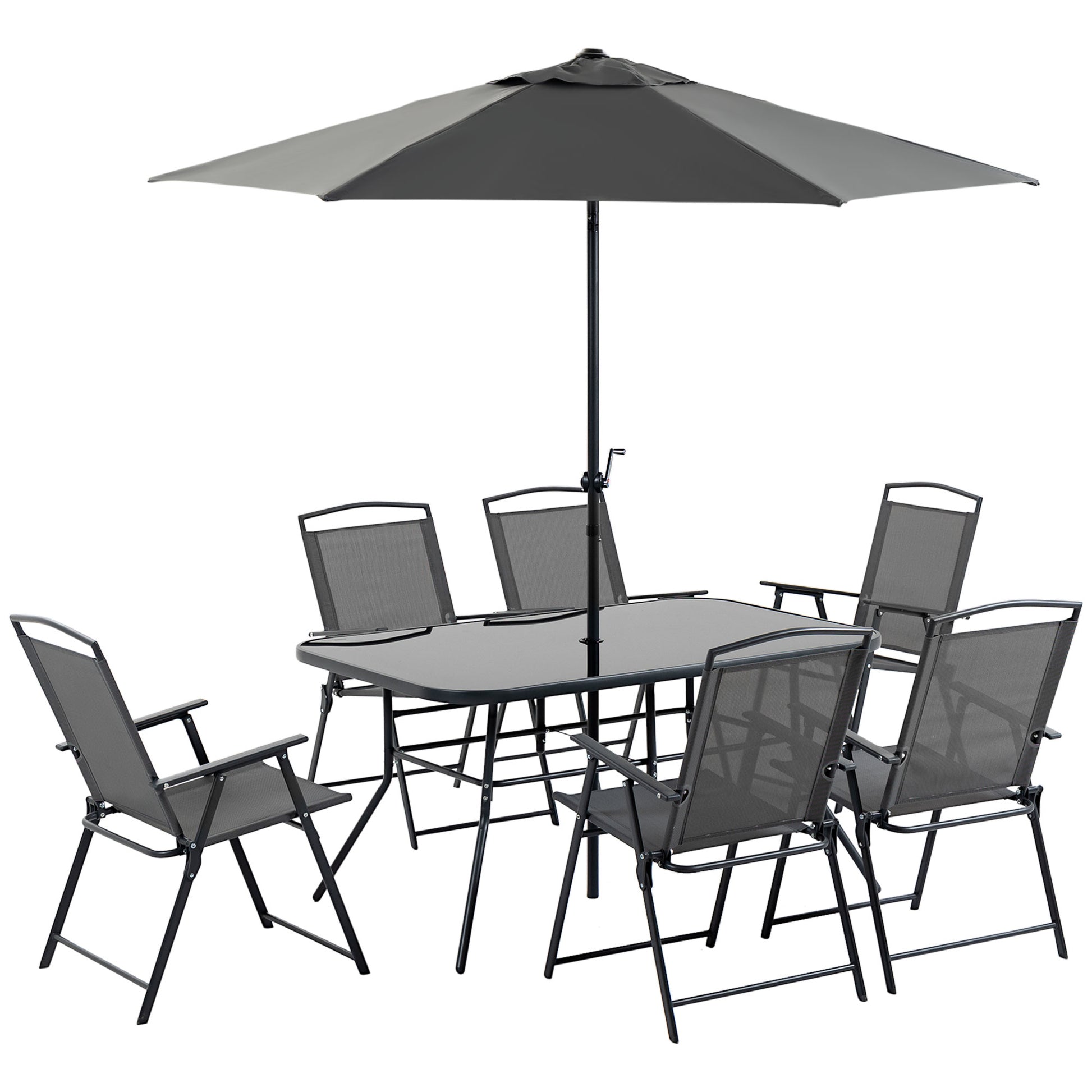 Outsunny Conjunto de Muebles de Jardín 8 Piezas con 6 Sillas Plegables Mesa de Comedor de Vidrio y Sombrilla Inclinable con Manivela Protección del Sol para Terraza Exterior Negro
