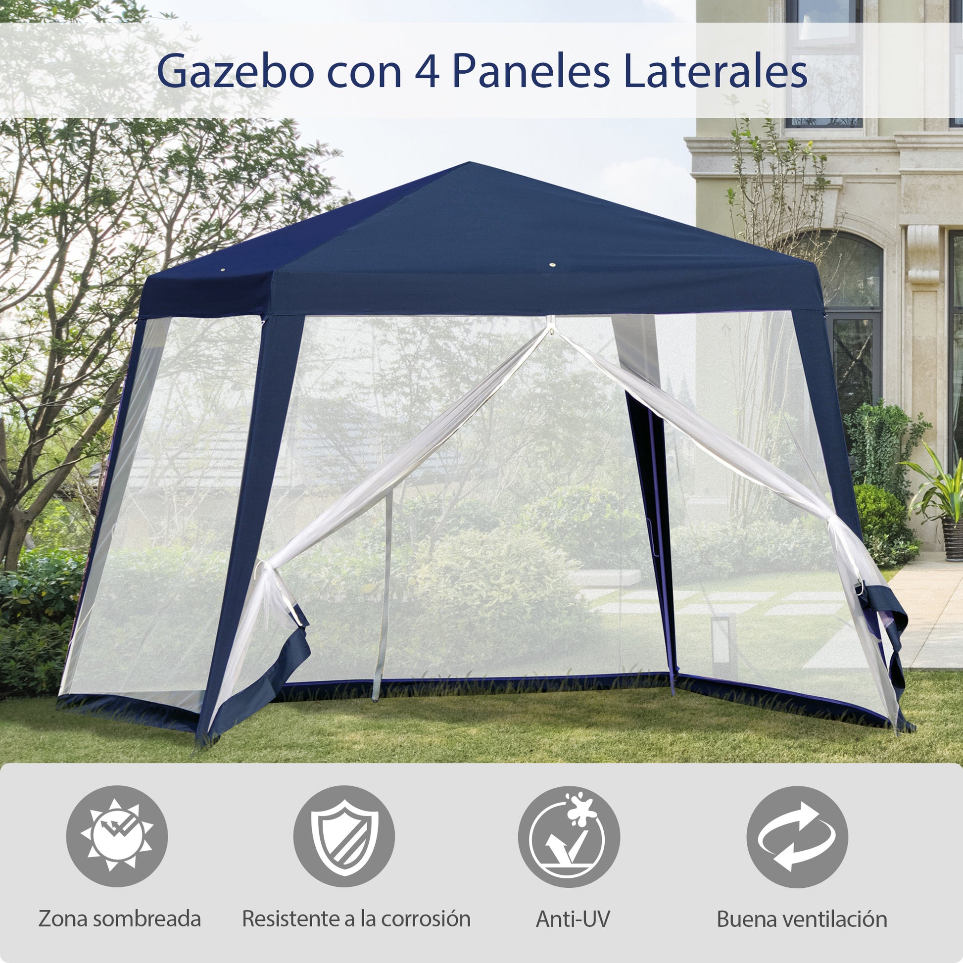 Outsunny Carpa de Jardín 3x3 m Cenador con 4 Partes Laterales Mosquitera con Cremallera Protección UV Impermeable para Patio Exterior Eventos Fiesta Azul