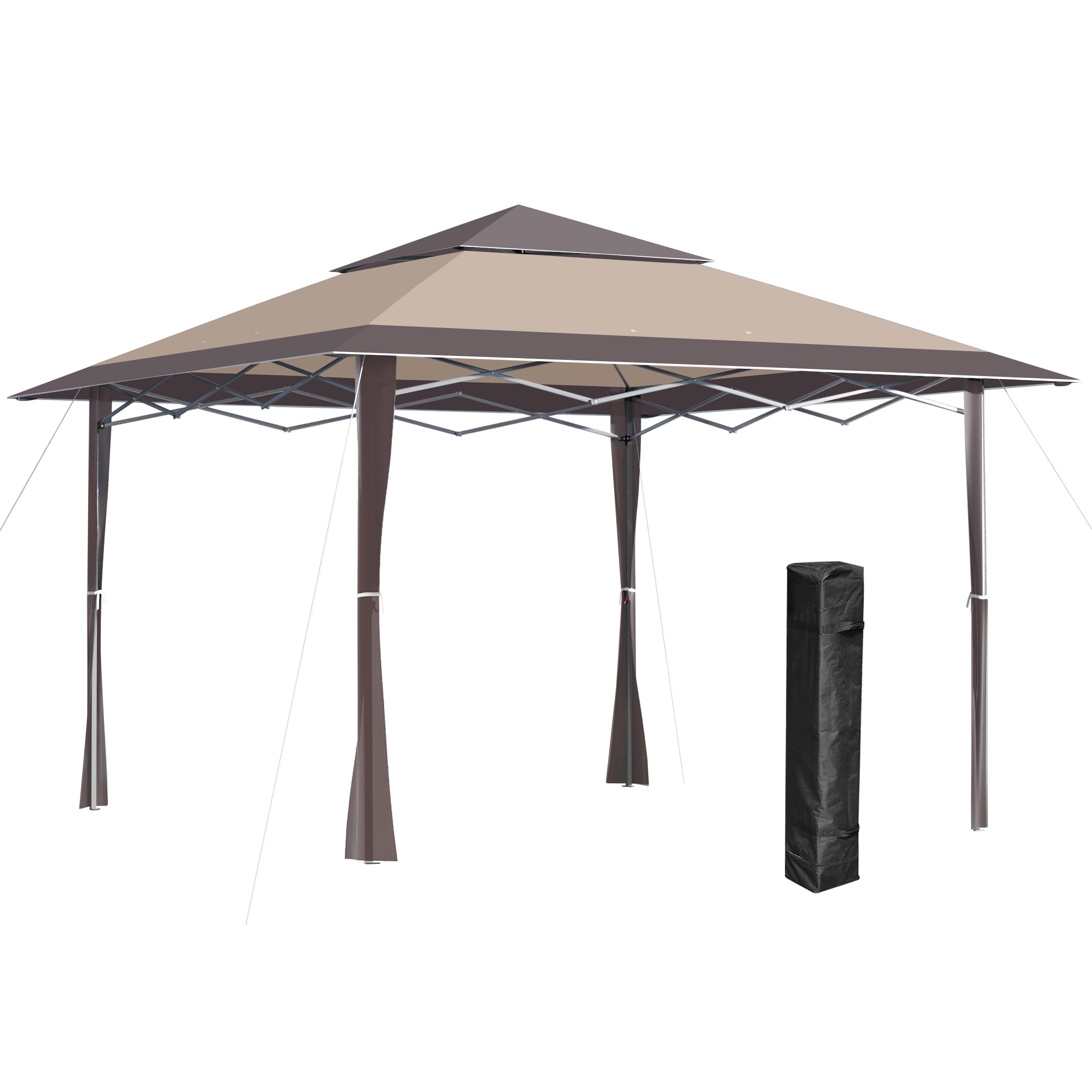 Outsunny Cenador Plegable 4x4 m Carpa de jardín con Doble Techo Altura Ajustable con Bolsa de Transporte de Acero Tela Oxford Protección UV para Fiestas Bodas Caqui y Café