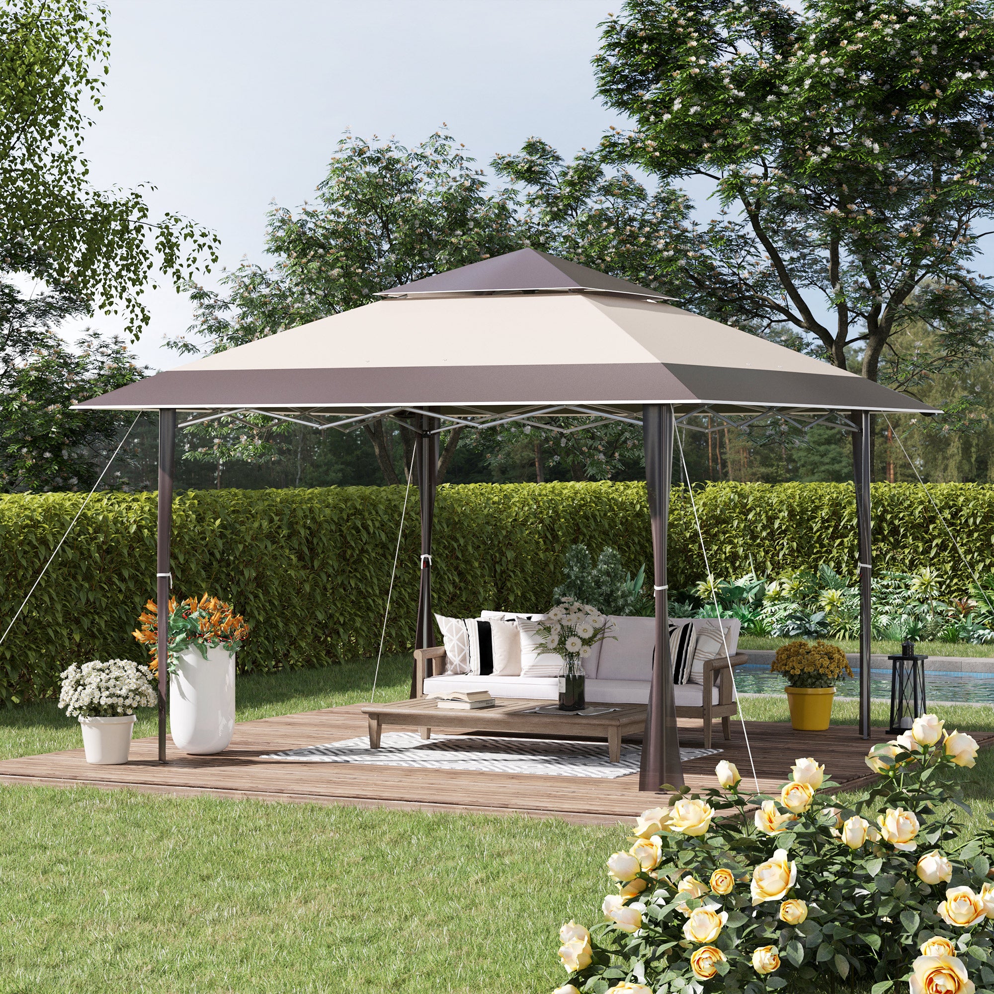 Outsunny Cenador Plegable 4x4 m Carpa de jardín con Doble Techo Altura Ajustable con Bolsa de Transporte de Acero Tela Oxford Protección UV para Fiestas Bodas Caqui y Café