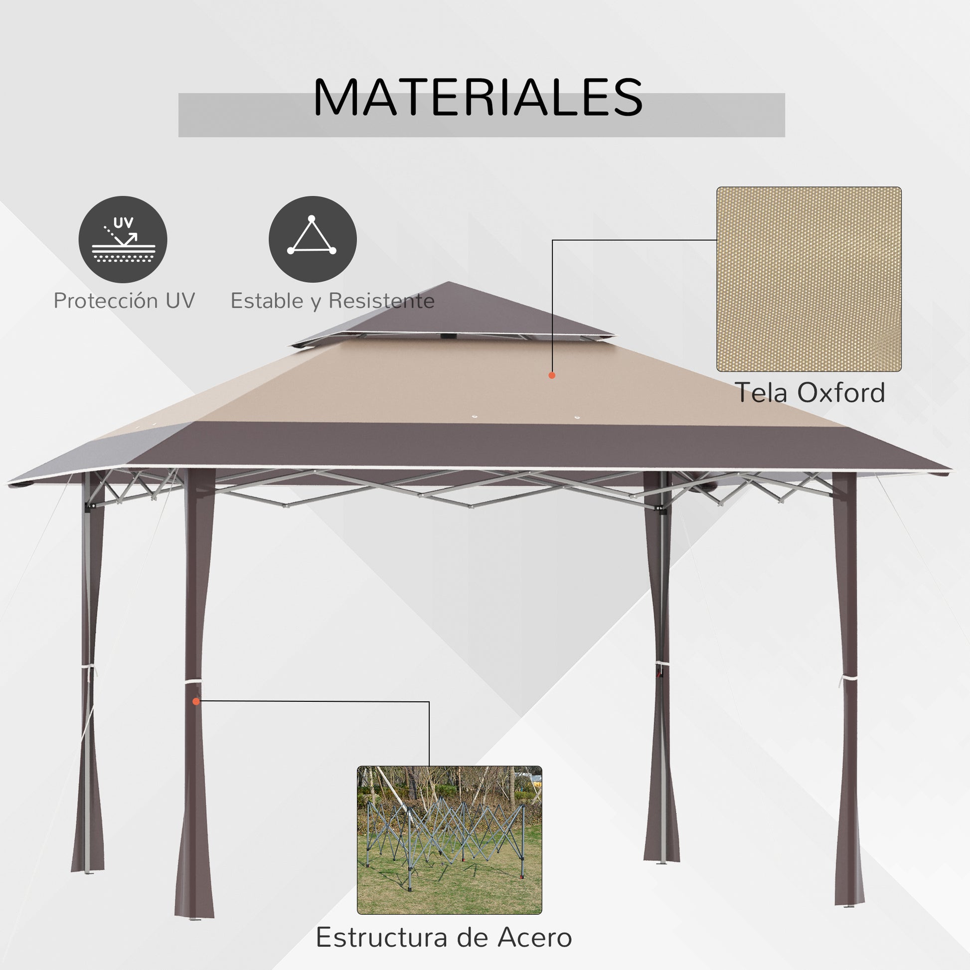 Outsunny Cenador Plegable 4x4 m Carpa de jardín con Doble Techo Altura Ajustable con Bolsa de Transporte de Acero Tela Oxford Protección UV para Fiestas Bodas Caqui y Café