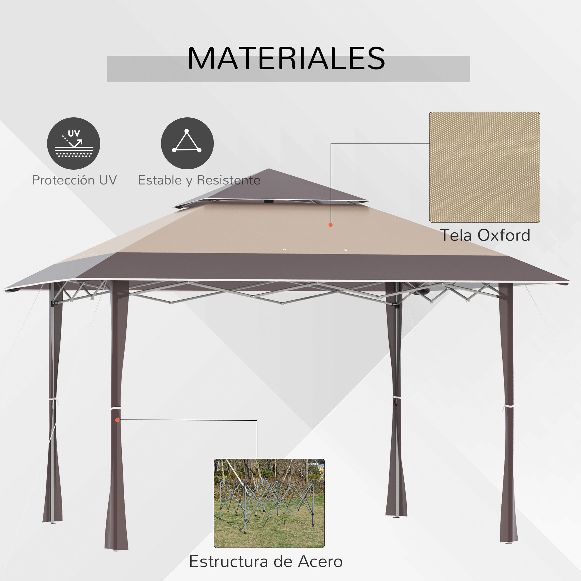 Outsunny Cenador Plegable 4x4 m Carpa de jardín con Doble Techo Altura Ajustable con Bolsa de Transporte de Acero Tela Oxford Protección UV para Fiestas Bodas Caqui y Café