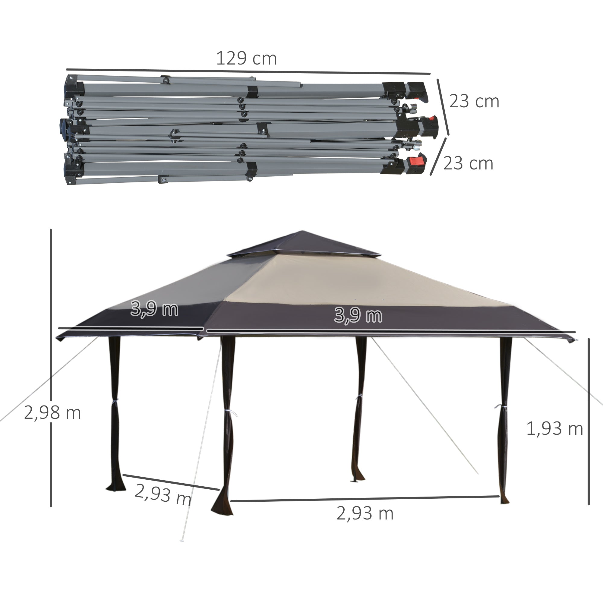 Outsunny Cenador Plegable 4x4 m Carpa de jardín con Doble Techo Altura Ajustable con Bolsa de Transporte de Acero Tela Oxford Protección UV para Fiestas Bodas Caqui y Café