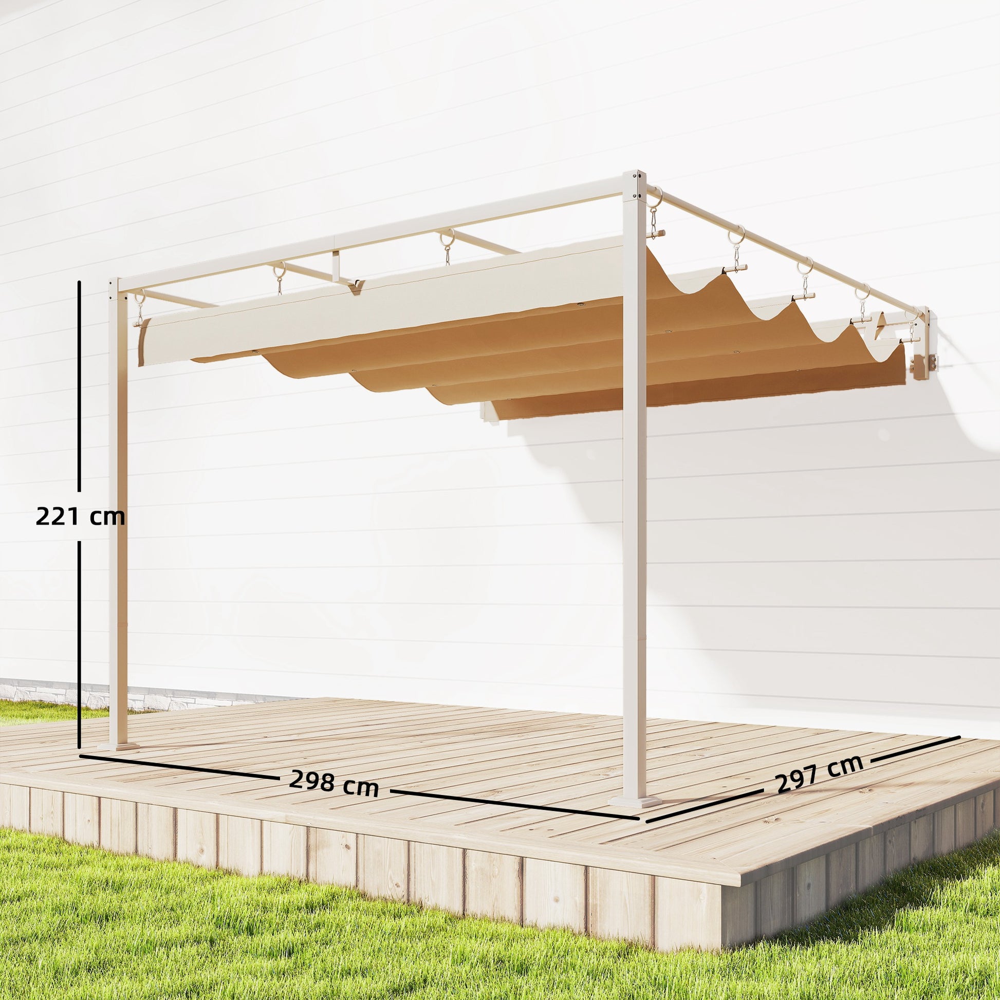 Outsunny Pérgola de Pared de Jardín 3x3 m, Cenador de Jardín con Techo Retráctil, Protección UPF30+, Orificios de Drenaje y Estructura de Acero, Pabellón para Patio, Terraza, Exterior, Beige