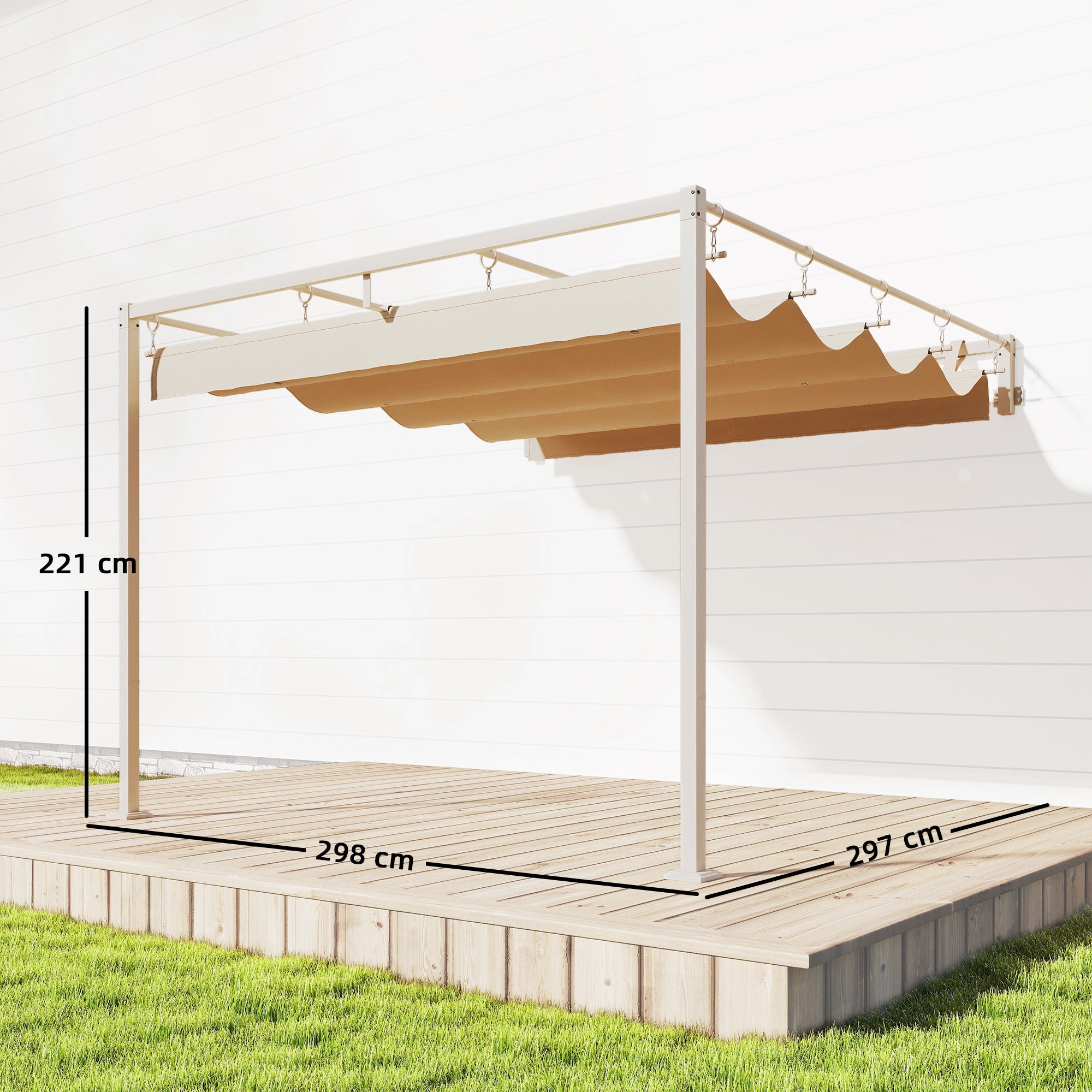 Outsunny Pérgola de Pared de Jardín 3x3 m, Cenador de Jardín con Techo Retráctil, Protección UPF30+, Orificios de Drenaje y Estructura de Acero, Pabellón para Patio, Terraza, Exterior, Beige