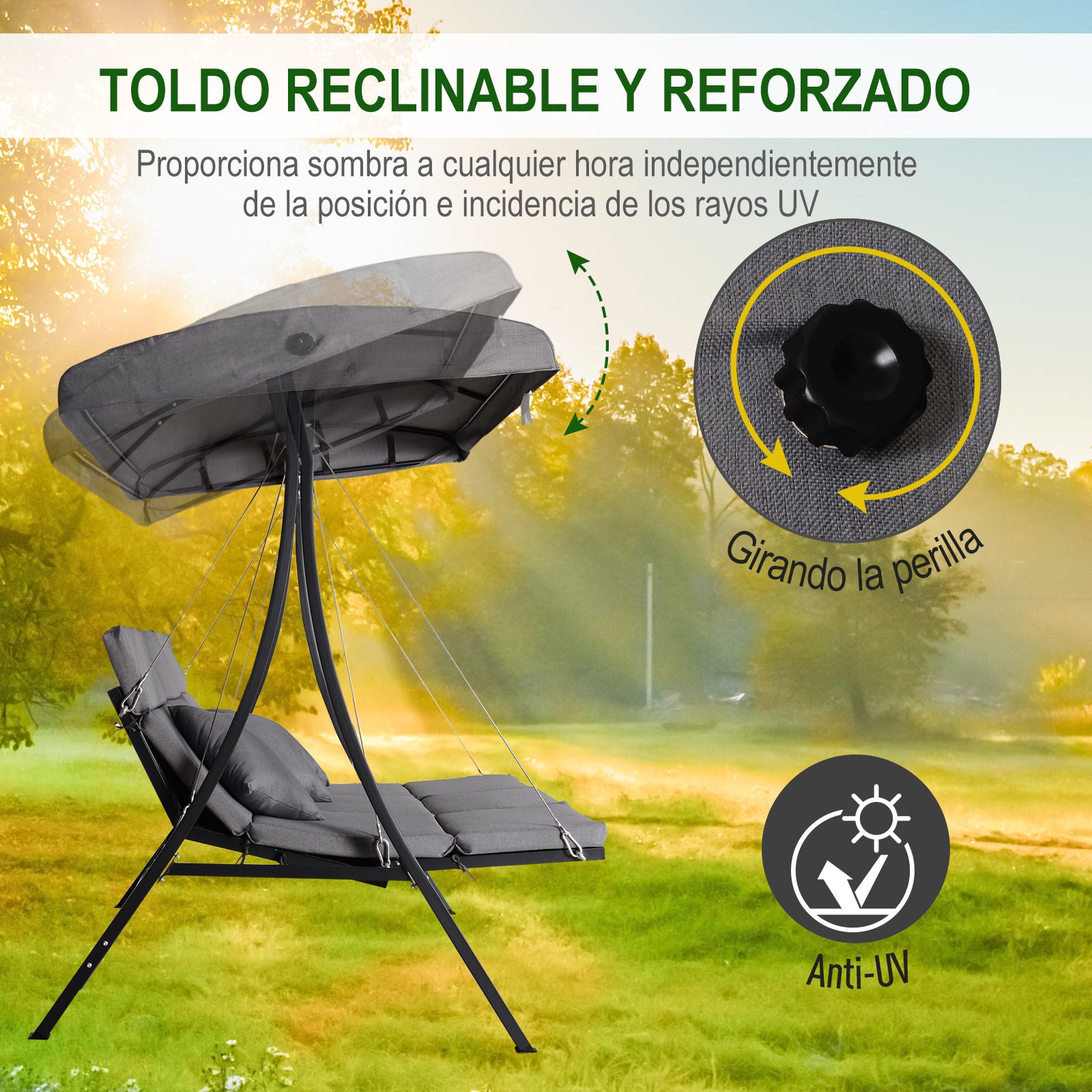 Outsunny Balancín con Toldo Ajustable de 3 Plazas Columpio de Jardín con Dosel Cojines para Exterior Terraza Patio Carga 270 kg 200x115x168 cm Gris
