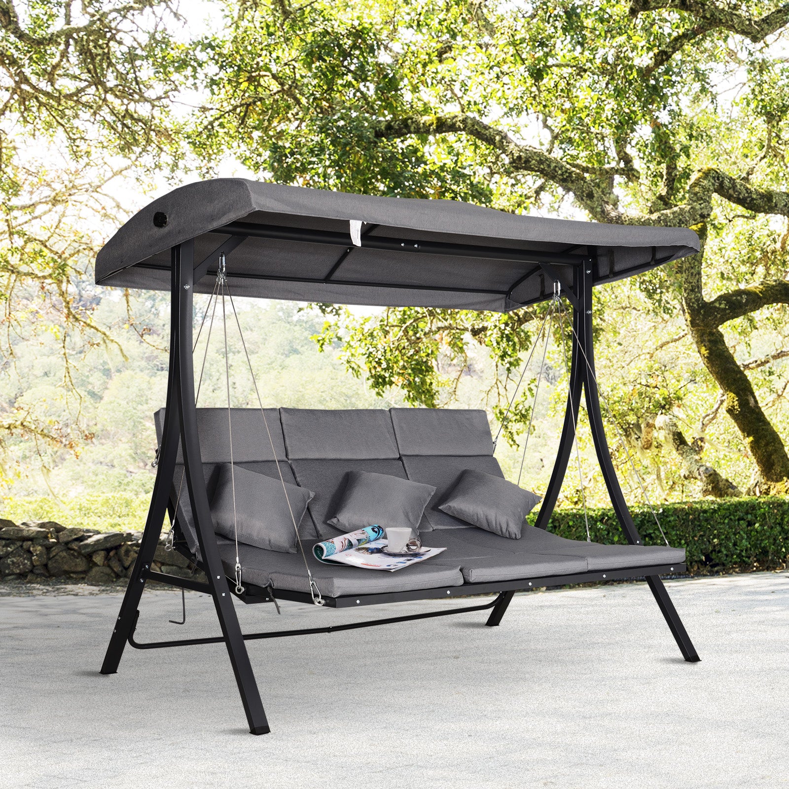 Outsunny Balancín con Toldo Ajustable de 3 Plazas Columpio de Jardín con Dosel Cojines para Exterior Terraza Patio Carga 270 kg 200x115x168 cm Gris